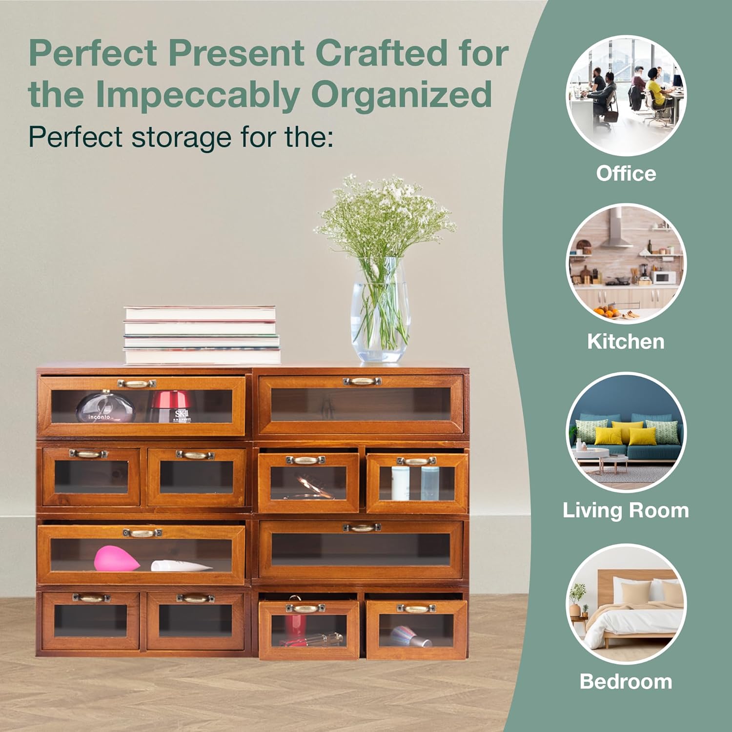 Modular Stackable Fully Assembled Set of 4 Storage Drawers - 12 Drawer See-Through Display Cabinets - 4-Level Desktop Organizer - Wood Box w/Metal Handle Collectible Card Bedazzling Decluttering