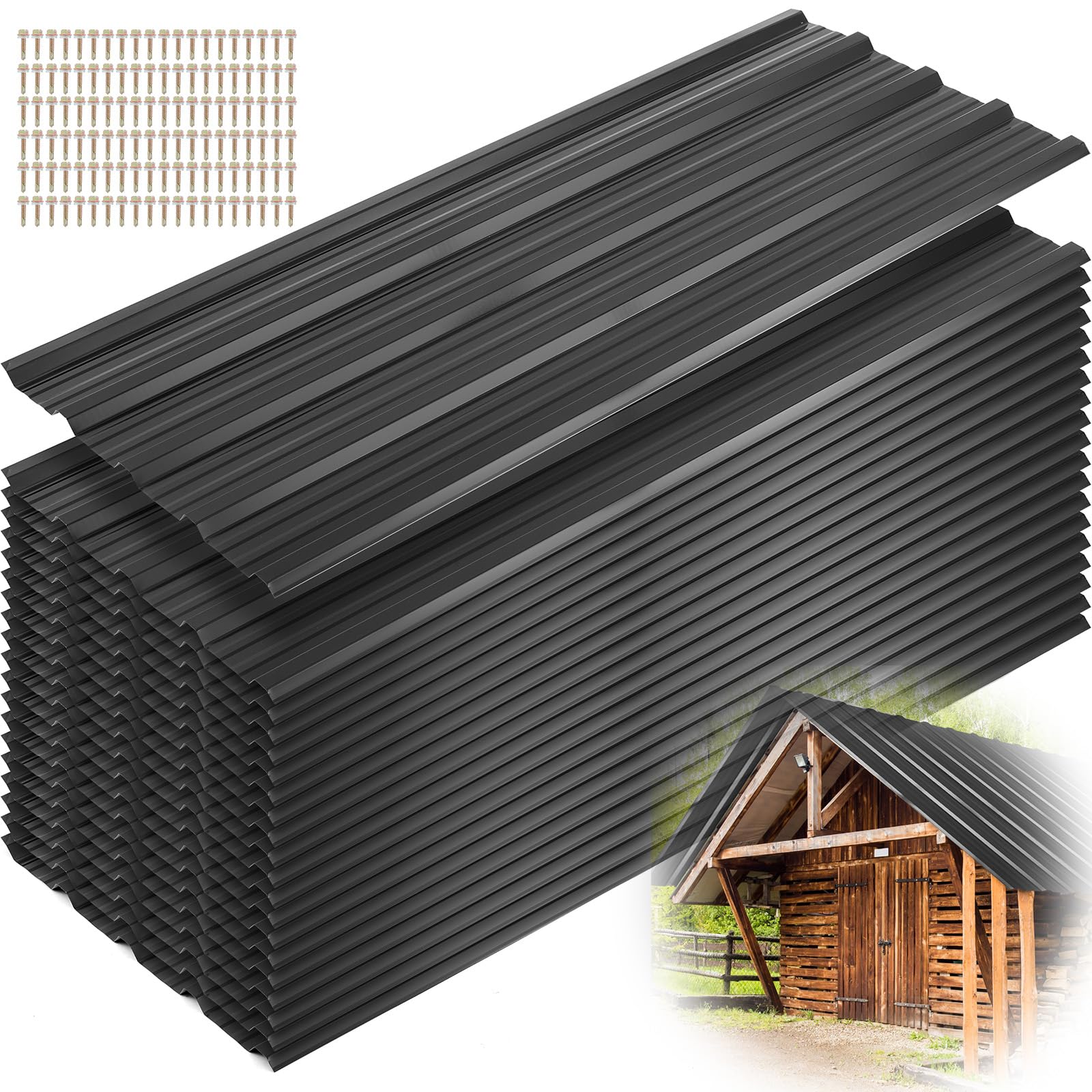 20 Pcs Metal Roofing Panels 43.3" x 17.72" Corrugated Galvanized Steel Roof Panels Metal Siding Panels with Screws 106 Sq.ft Gazebo Top Cover for Pergola Patio Garden Mobile Home, Black