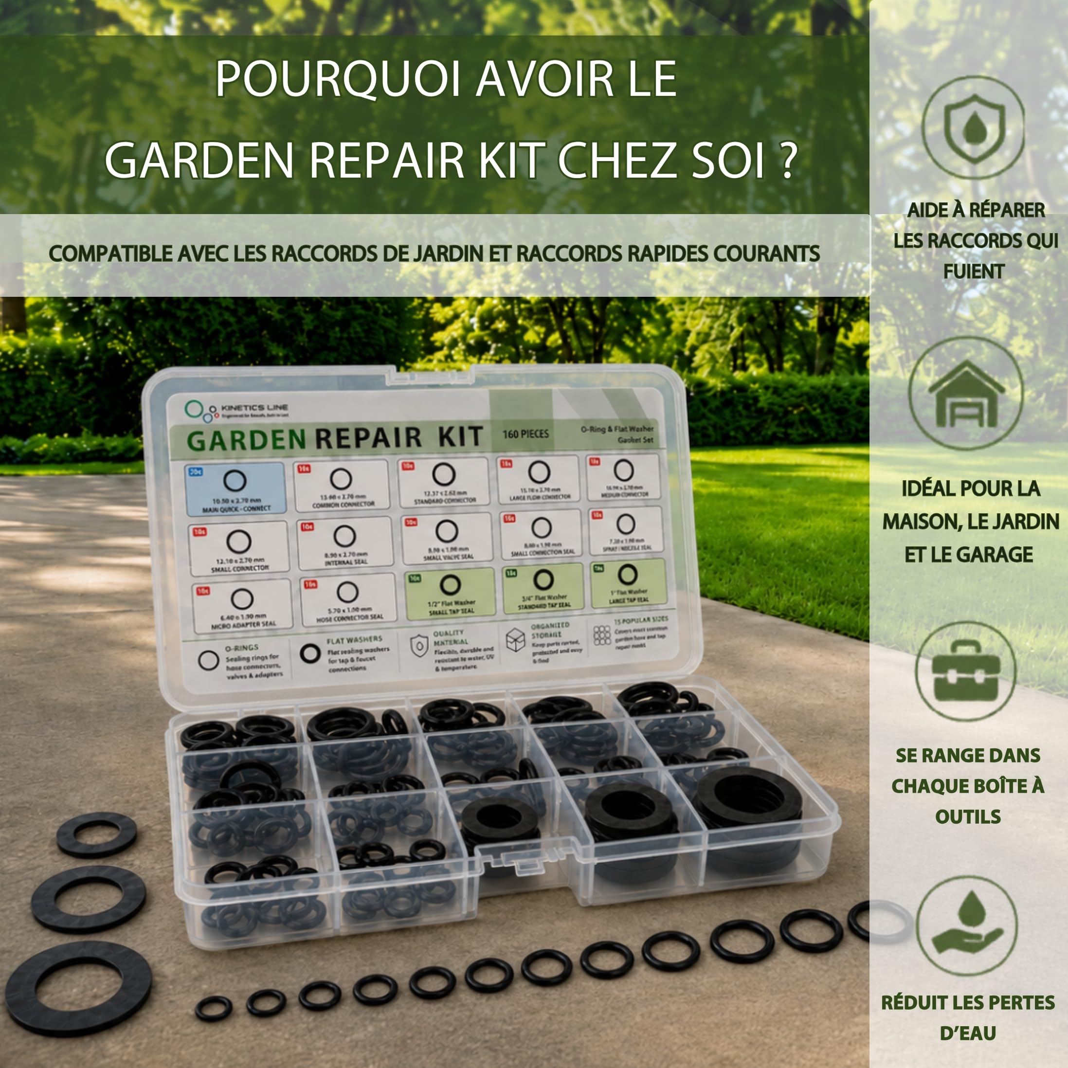 Garden Repair Kit pour Réparation de Tuyau d’Arrosage, 160 Pièces – Joints Toriques EPDM et Joints Plats pour Robinet, Raccord de Tuyau et Arroseur