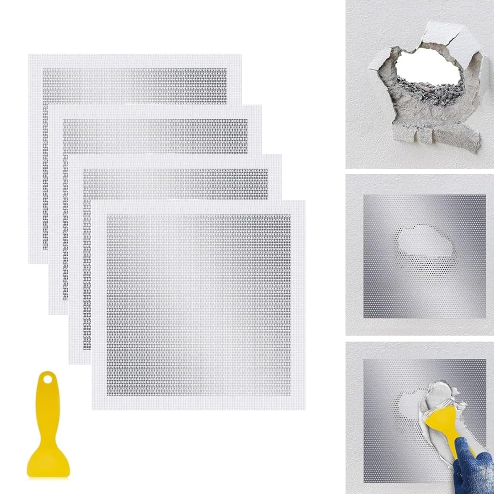 Eiswayla 4 Pack 34cm x 34cm Self Adhesive Wall Repair Patch - Fibreglass Mesh Drywall Hole Repair Kit for Holes, Cracks & Ceilings, Easy to Use Plasterboard Patch for DIY Homeowners & Renters