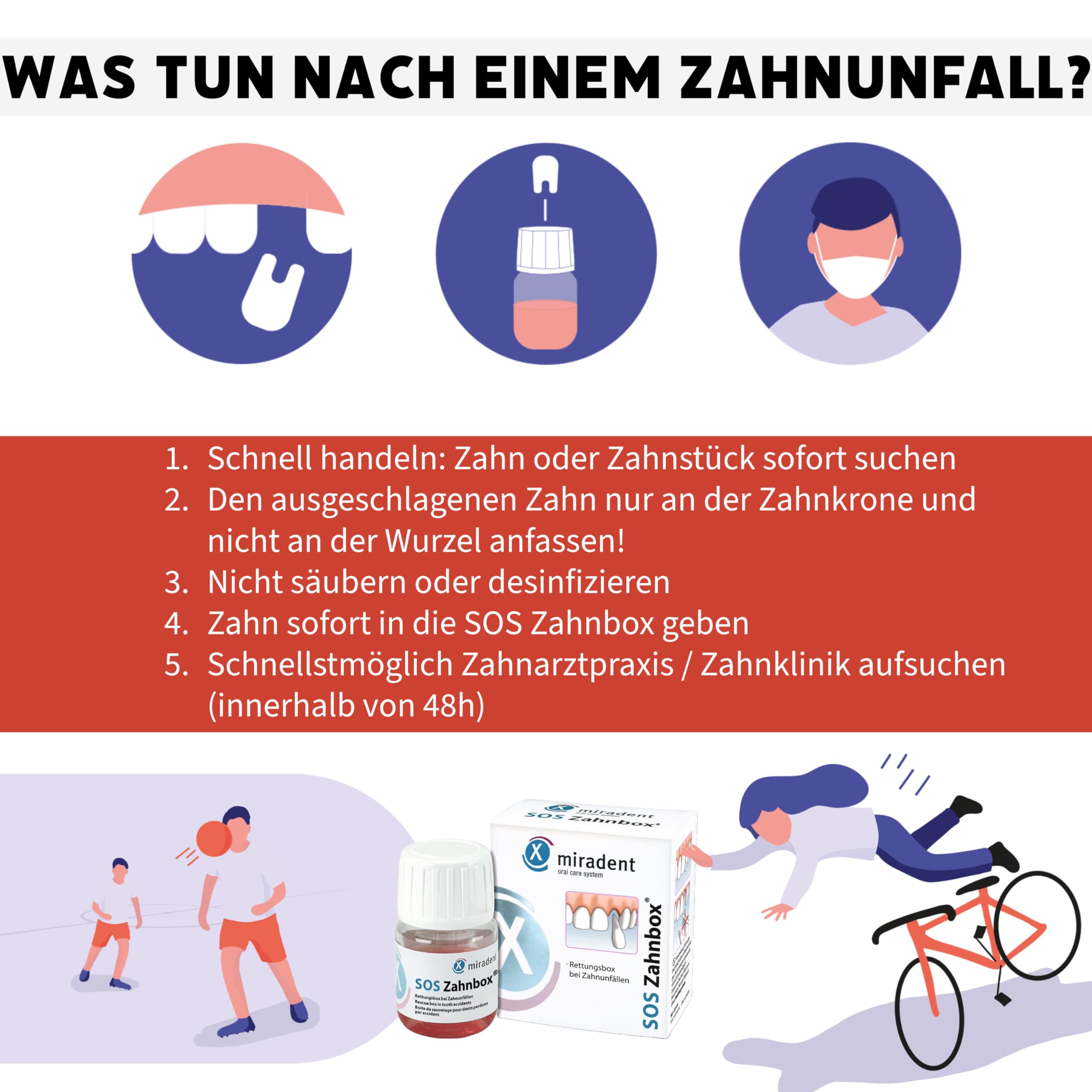 Miradent SOS Zahnbox® | Zahnrettungsbox für ausgeschlagene Zähne & Frontzahntrauma | Nährlösung erhält Zellen für eine Replantation & Einheilung des verlorenen Zahns | Aufbewahrung bis zu 48h