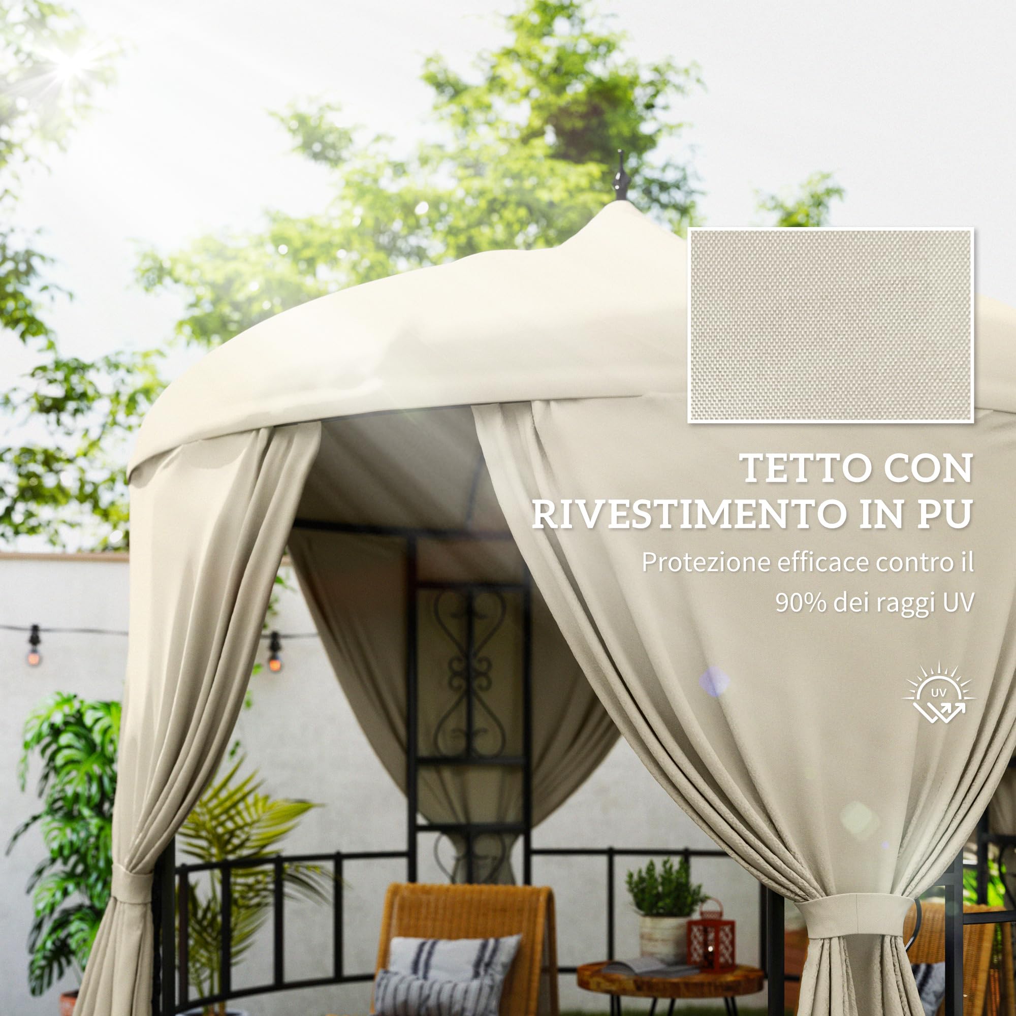 Outsunny Gazebo da Giardino Rotondo Ø3m con Tende e Prese d'Aria Beige | Gazebo da Esterno, in Metallo e Poliestere