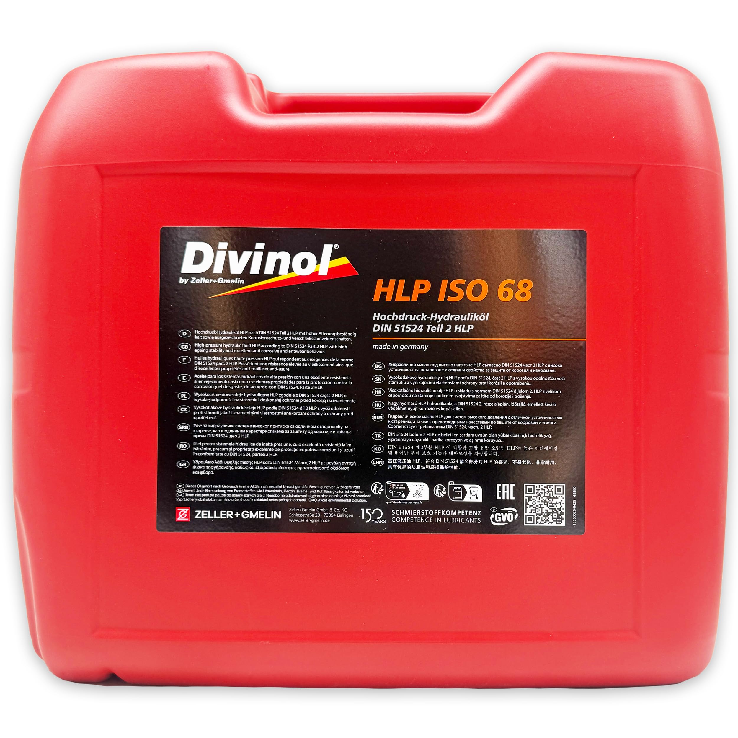 Divinol HLP 68 | 20 L | Hydrauliköl | DIN 51524-2 HLP | ISO VG 68 | (48880) | Hochdruck Hydrauliköl für Hydraulikanlagen Maschinen Industrie – Verschleißschutz Öl | mit Trichter
