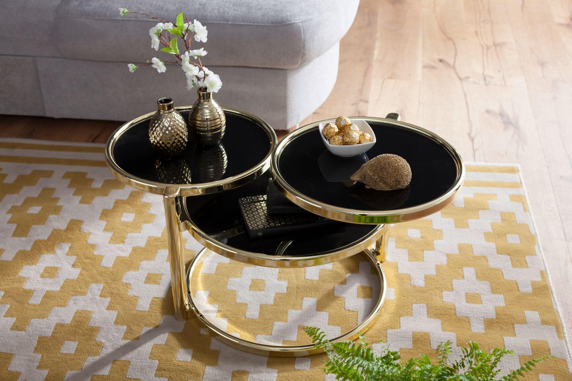 Wohnling Couchtisch 58x43x58 cm Glas Metall Schwarz Gold, 3 Tischplatten
