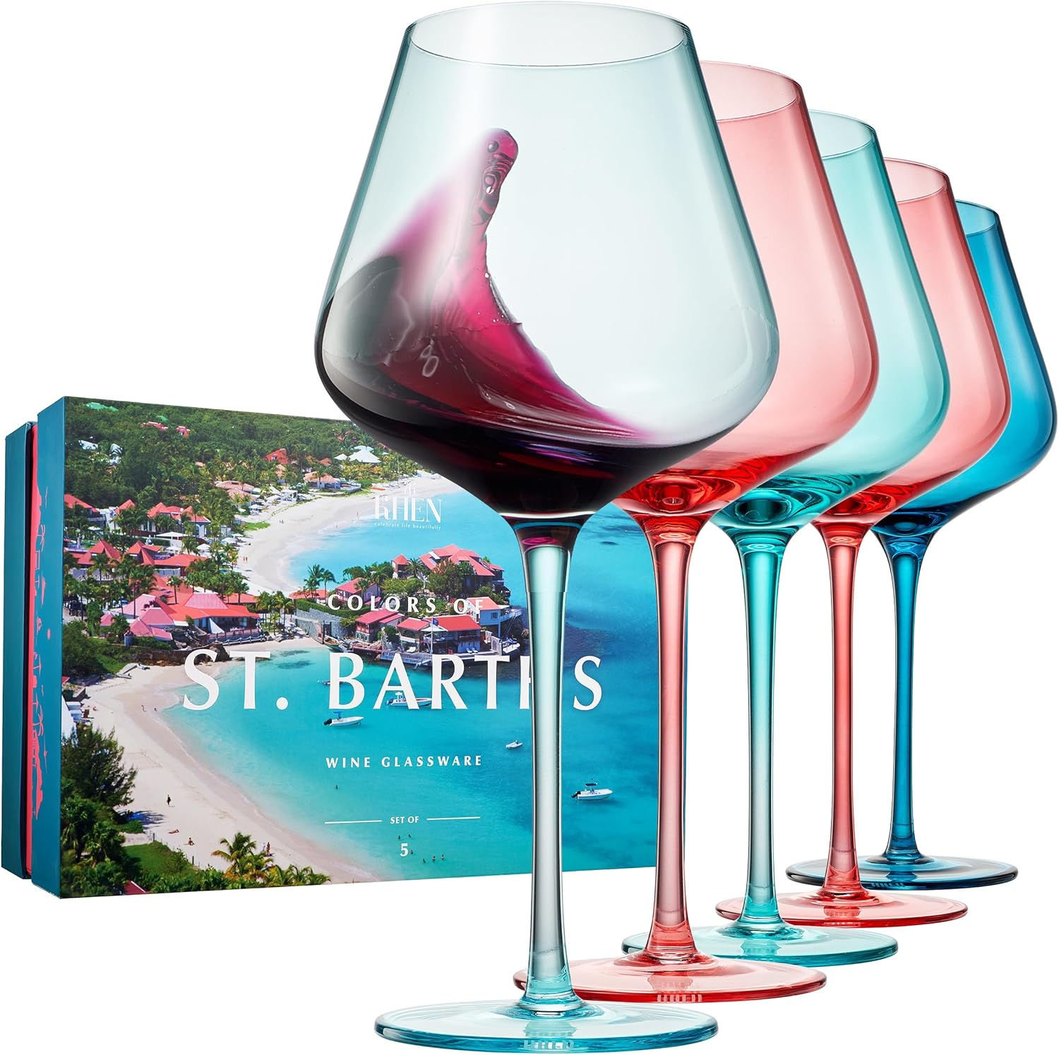 Colors of Venice Wine Glasses, Italy Colored Wine Glass Set, 20oz With Gorgeous Gift Box | Set of 5 | Traveler, Explorer, Italian Gifts - Drinkware For Red & White Wines, Unique Style Tall Stemmed