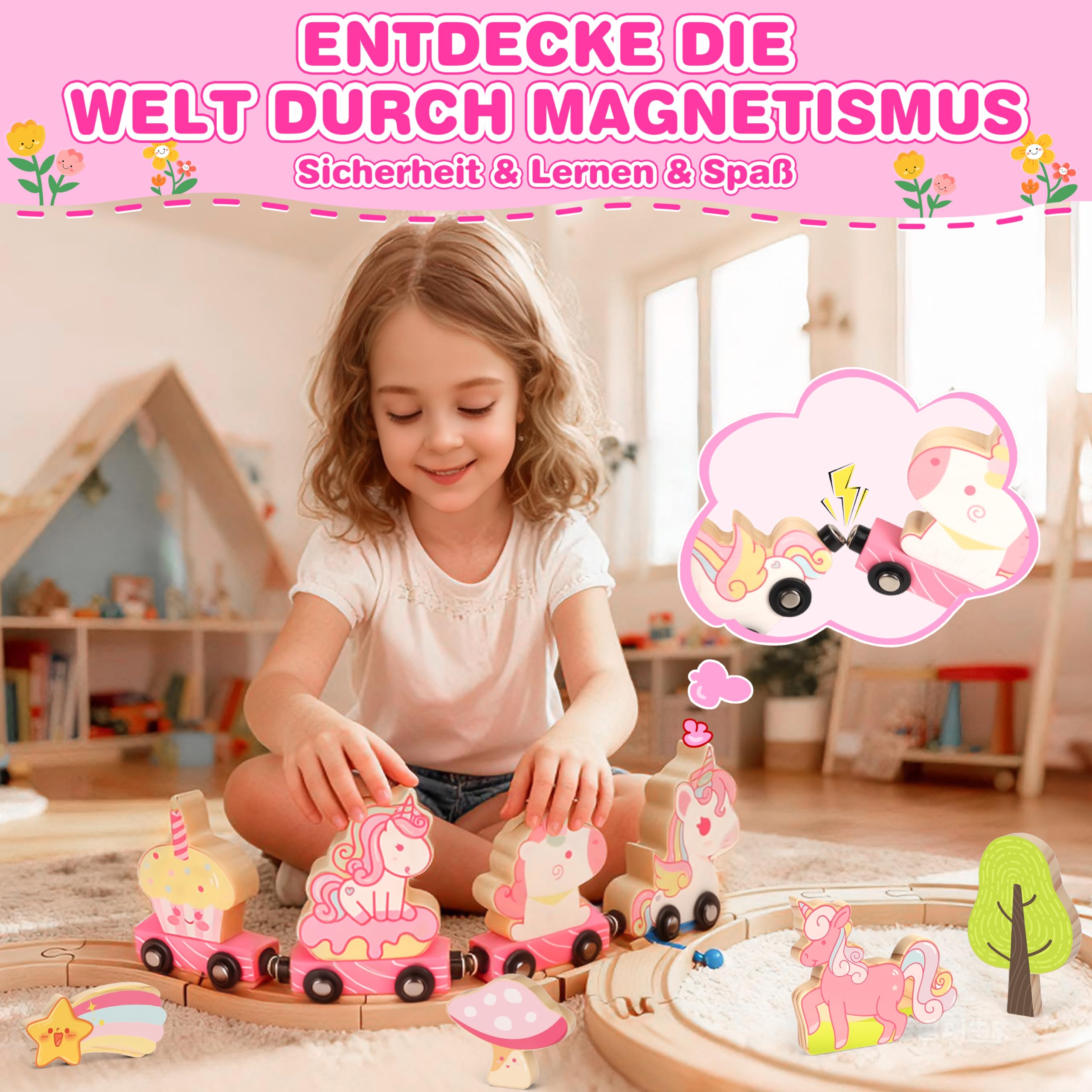 MOMOSTAR 74 Stück Rosa Thema Holzeisenbahn Set, Einhorn Geschenke für Mädchen 3-5 Jahre, Eisenbahn Kinder Magnetisch Zug Spielzeug Mädchen 3 4 5 Jahre，Einhorn Spielzeug Holzspielzeug Ab 3 Jahre