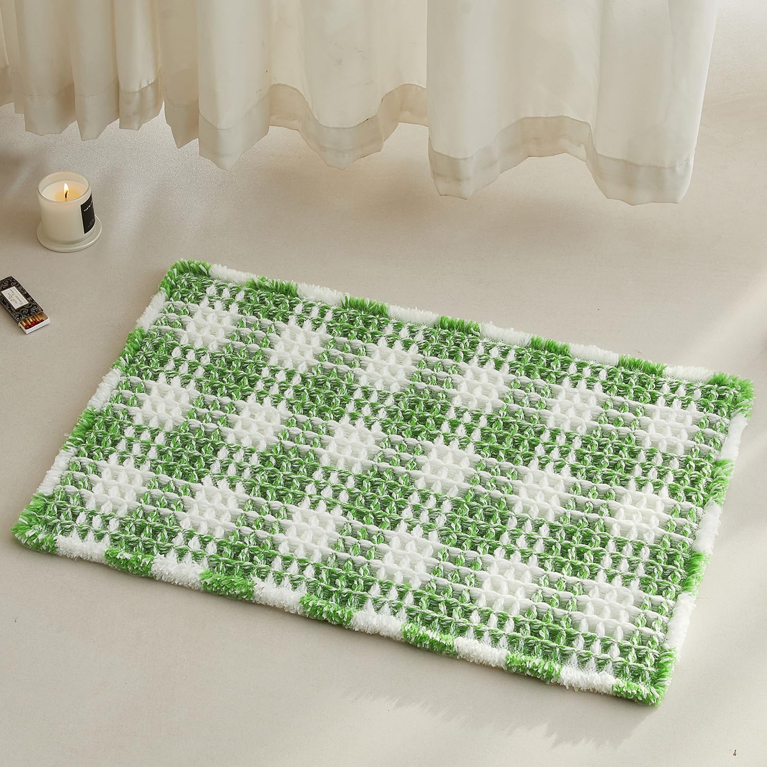 TYUU Waffle Bath Mat, Small Cute Bathroom Rug Non Slip, 24x16 Green &amp; White