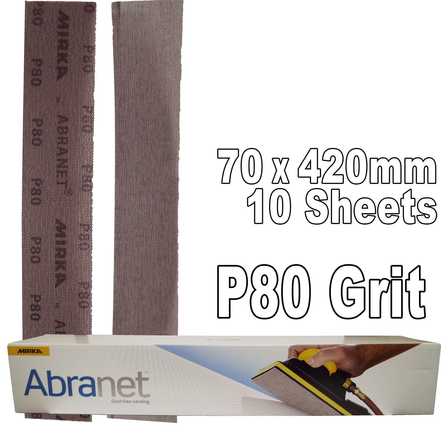 Mirka P80 Grit Abranet Abrasive Hook'N'Loop Hook It Sanding Strips Pack of 10 70mm x 420mm P80 Grit 70x420mm dust freeVery Uniform Scratch Pattern Leaving an Ultra Smooth Finish