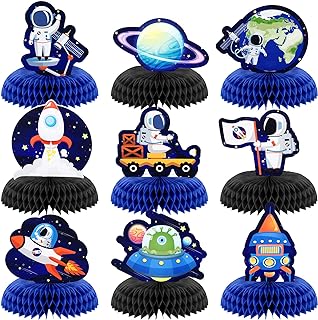 9 Pcs Outer Space Party Decorations Space Theme Honeycomb Centerpiece Paper Planet Table Decor Astronaut UFO Table Topper Solar System Party Supply for First Trip Around The Sun Birthday Baby Shower