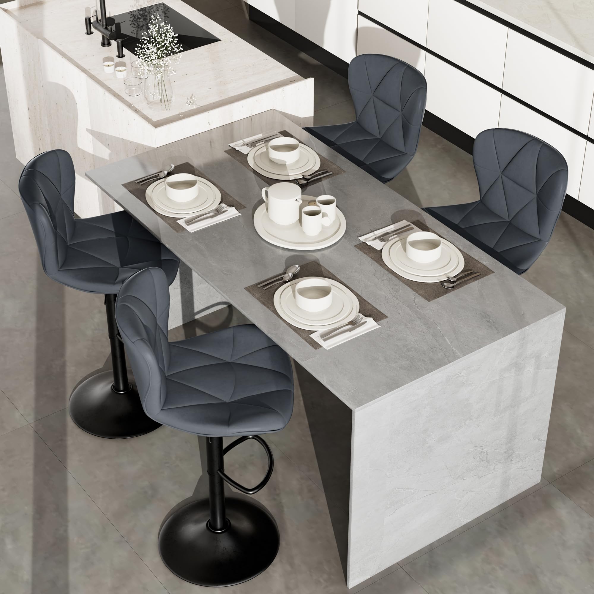 Nebuaegis Bar Stools Set of 4, Modern Faux Leather Adjustable Swivel Barstools, Counter Height Chairs with Back and Footrest for Kitchen Island, Dark