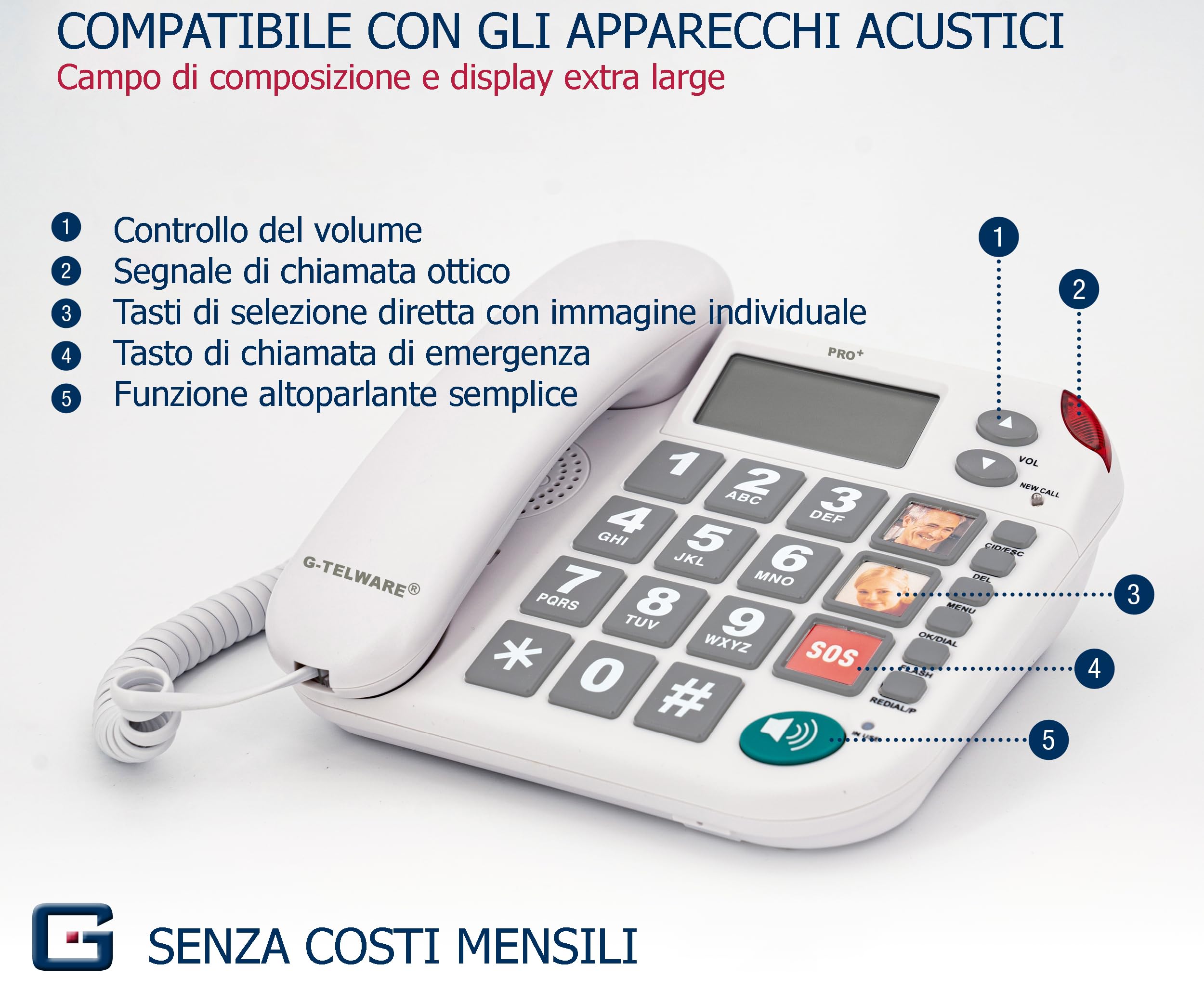 PRO+(G-TELWARE®) - Telefono fisso per anziani con braccialetto di emergenza, con catena di chiamata di emergenza per una accessibilità garantita, chiamata di emergenza a casa per i parenti, con