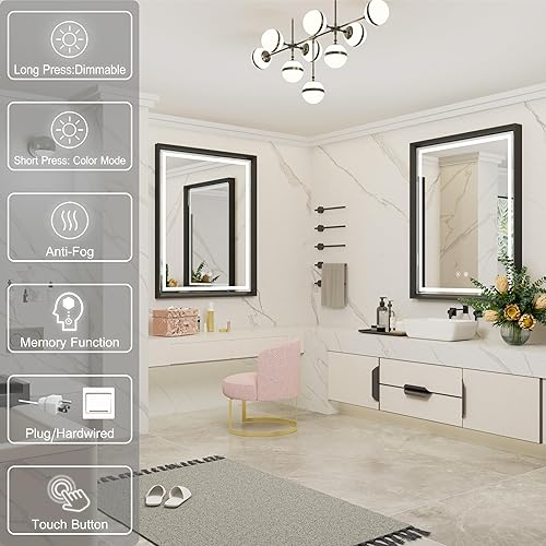 Miniatura 6 de Espejo LED de 24 x 32 pulgadas para baño, espejo de baño negro con luces, regulable, antivaho, montado en la pared, 3000 K4500 K6000 K