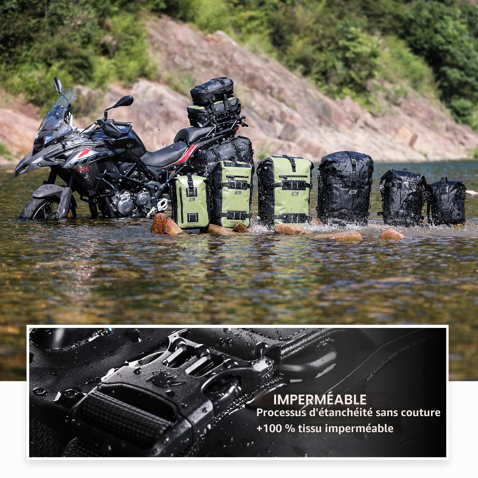 Rhinowalk sac de voyage étanche, sacs de queue de moto, siège arrière – Noir 30 l
