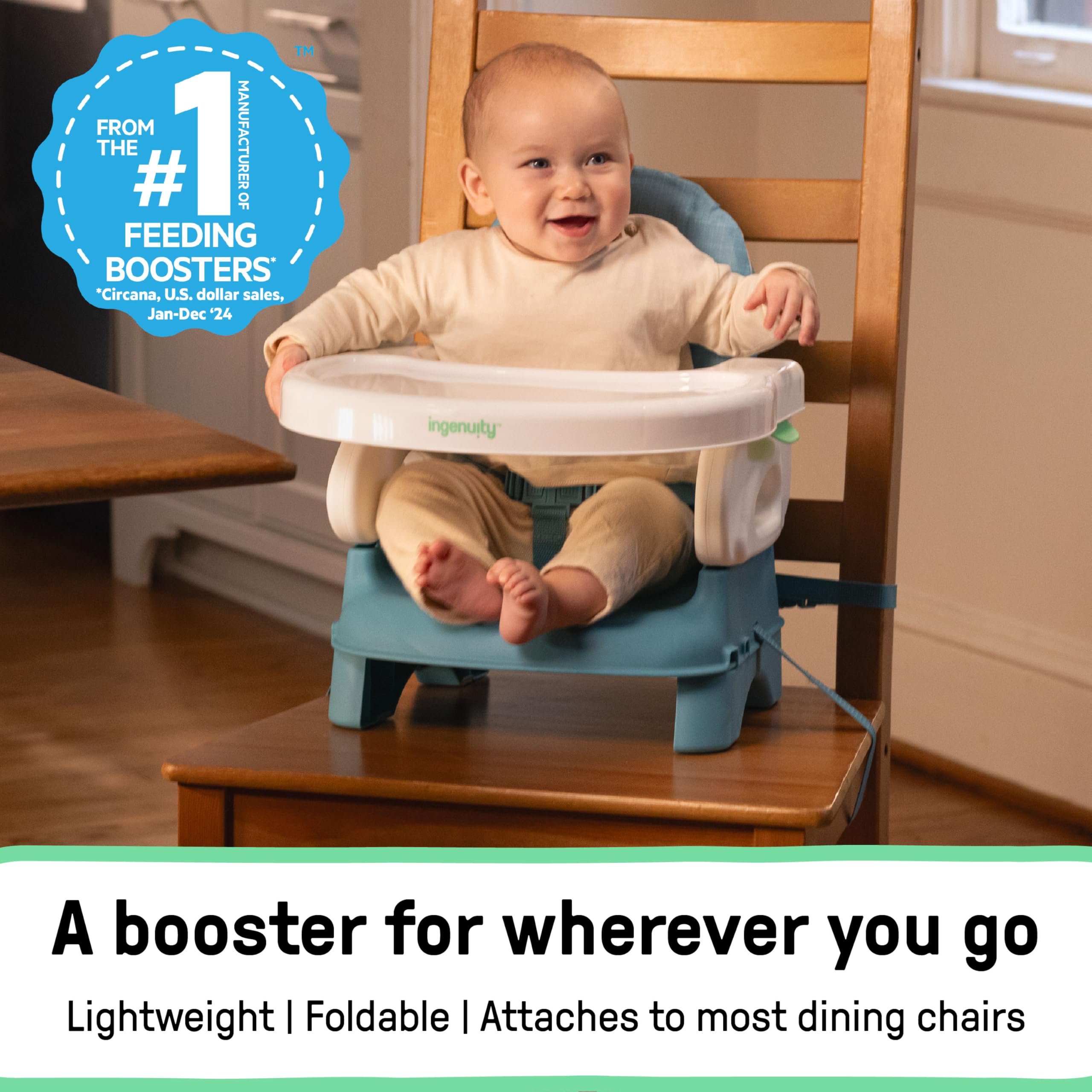 Ingenuity, Deluxe Comfort Seggiolino da Tavolo per Bambini Pieghevole, Altezza Regolabile, Imbottito, Leggero, Teal, 6M-3Y