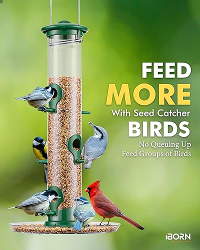 Miniatura 6 de iBorn Comedero para pájaros con 6 puertos para colgar en el exterior, alimentador de pájaros cardenales de metal de aluminio, acabado verde, 14