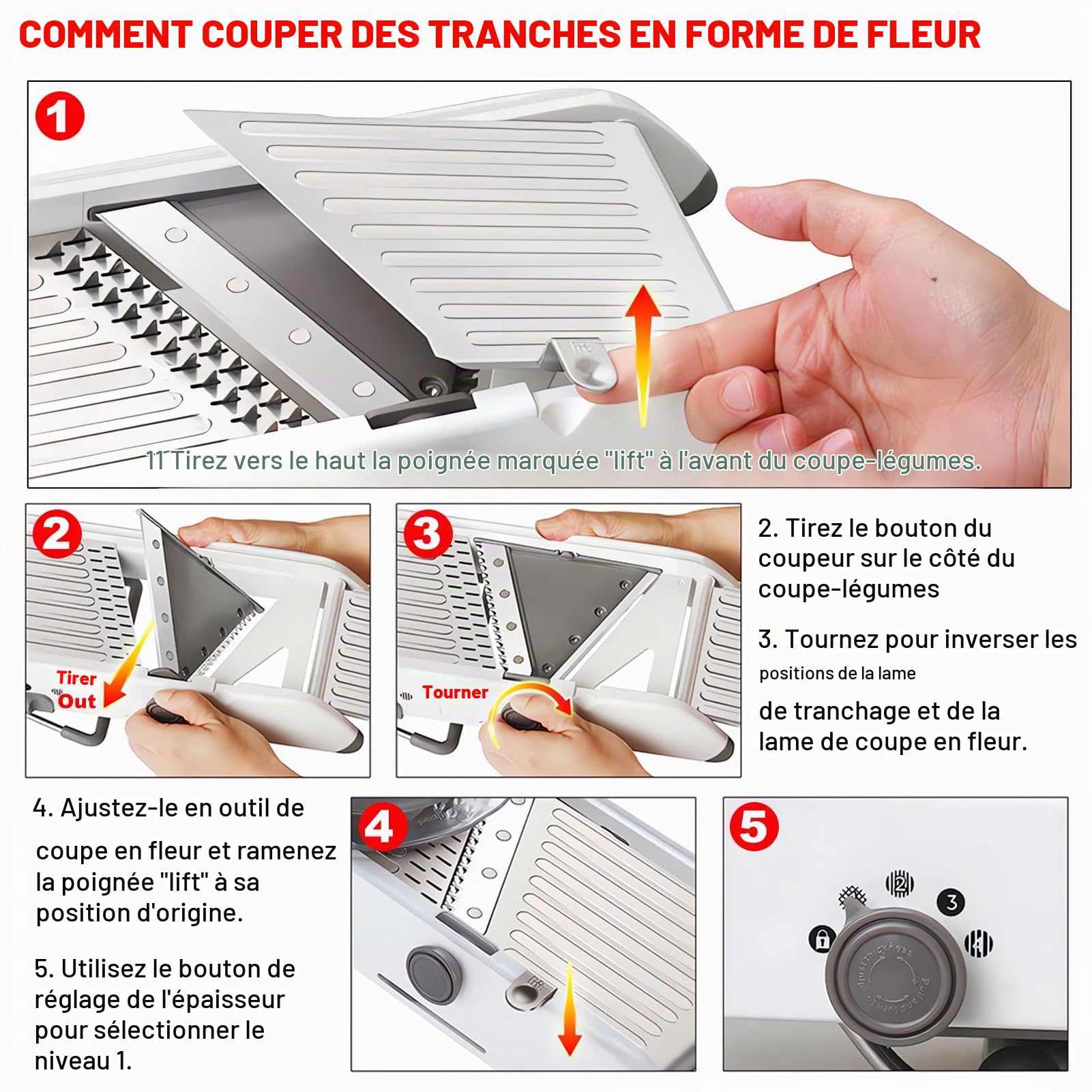 All-in-One Mandoline Cuisine Professionnelle, Manuellement | Coupe Legumes Multifonctions, Épaisseur Coupe Reglable, Lames Intégrées, pour Oignon concombre carotte, Tranche et Julienne