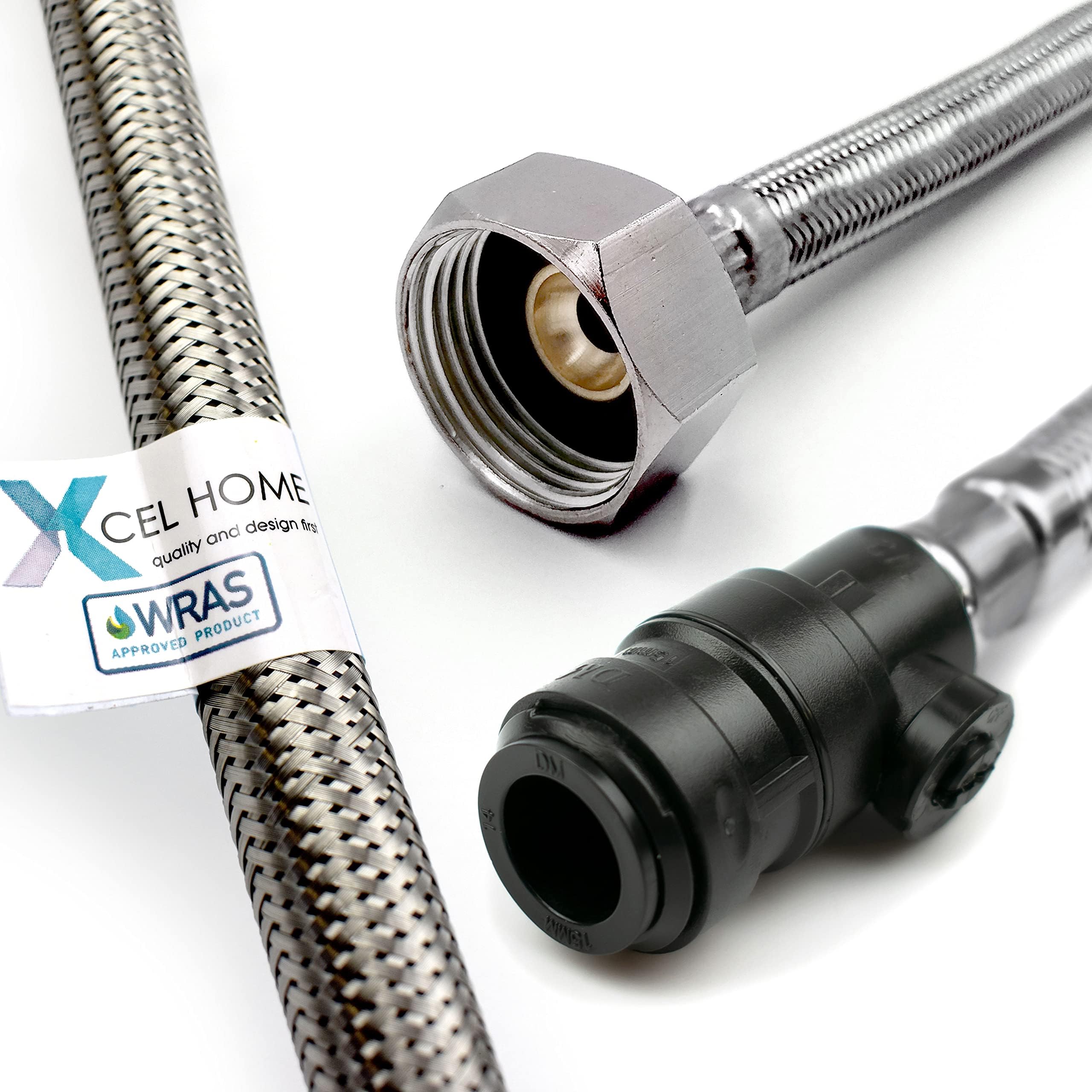 WRAS Approved PushFit Flexible Connector with Isolation Valve 15mm x 3/4" BSP (300mm Long) | 3 Lengths Available | Kitchen Sink/Bathroom Basin Stainless Steel Braided Flexi Tail | 1 Pipe