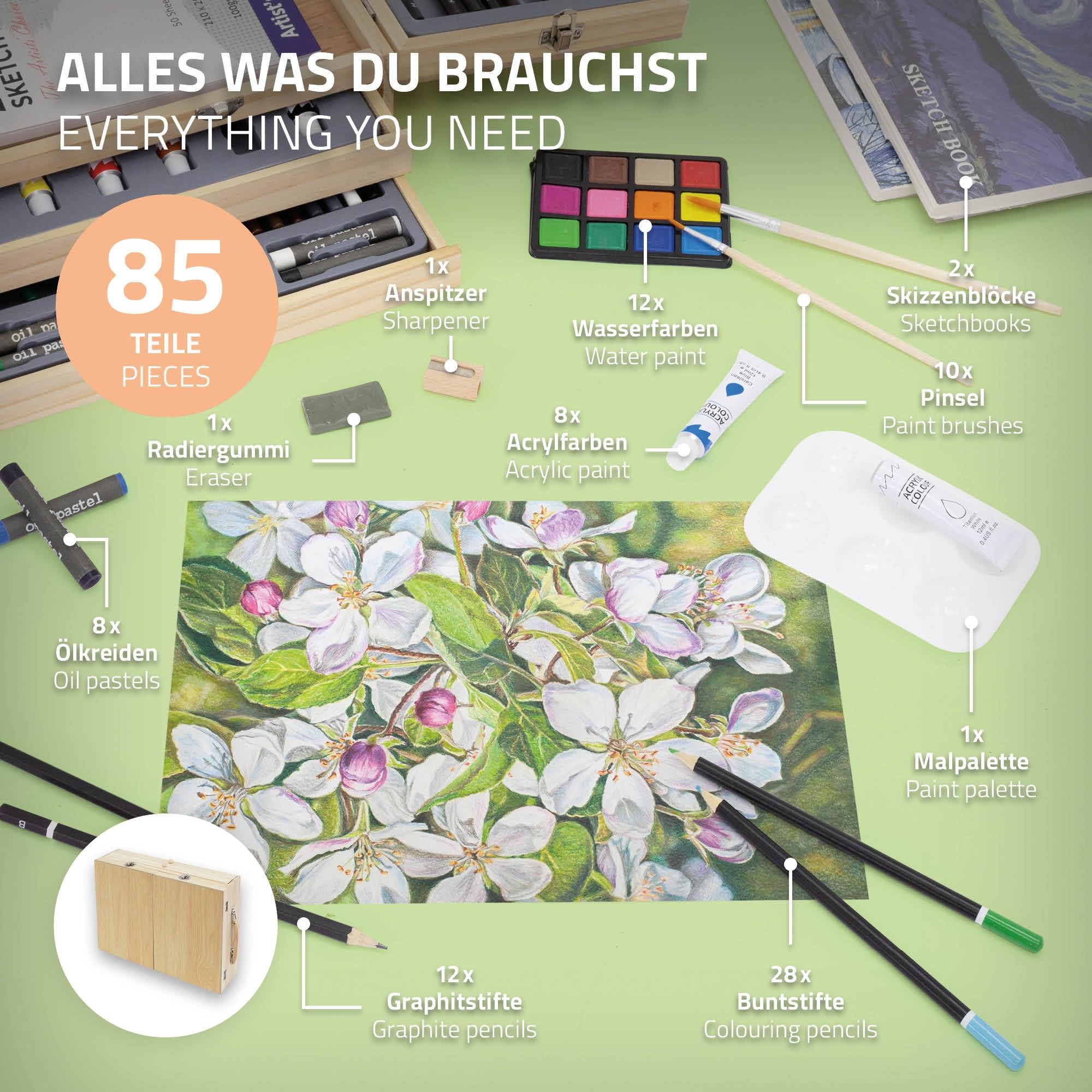 ECD Germany Set per Pittura con Valigetta in Legno 85 pezzi 3 Blocchi da Disegno A4 Colori Acrilici e Accessori Kit Disegno Pennelli Pastelli Acquarelli Portatile per Hobby Artisti Principianti