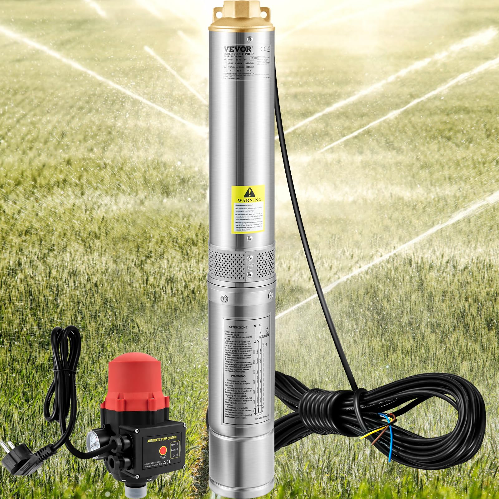 VEVOR 3, 5" Tiefbrunnenpumpe 750W Brunnenpumpe 105L/min Tauchpumpe max. Förderhöhe 62m Rohrpumpe 230V 50Hz Sandpumpe IP68 Wasserpumpe 11 Laufradstufen Pumpe Ideal zur Bewässerung, Silber