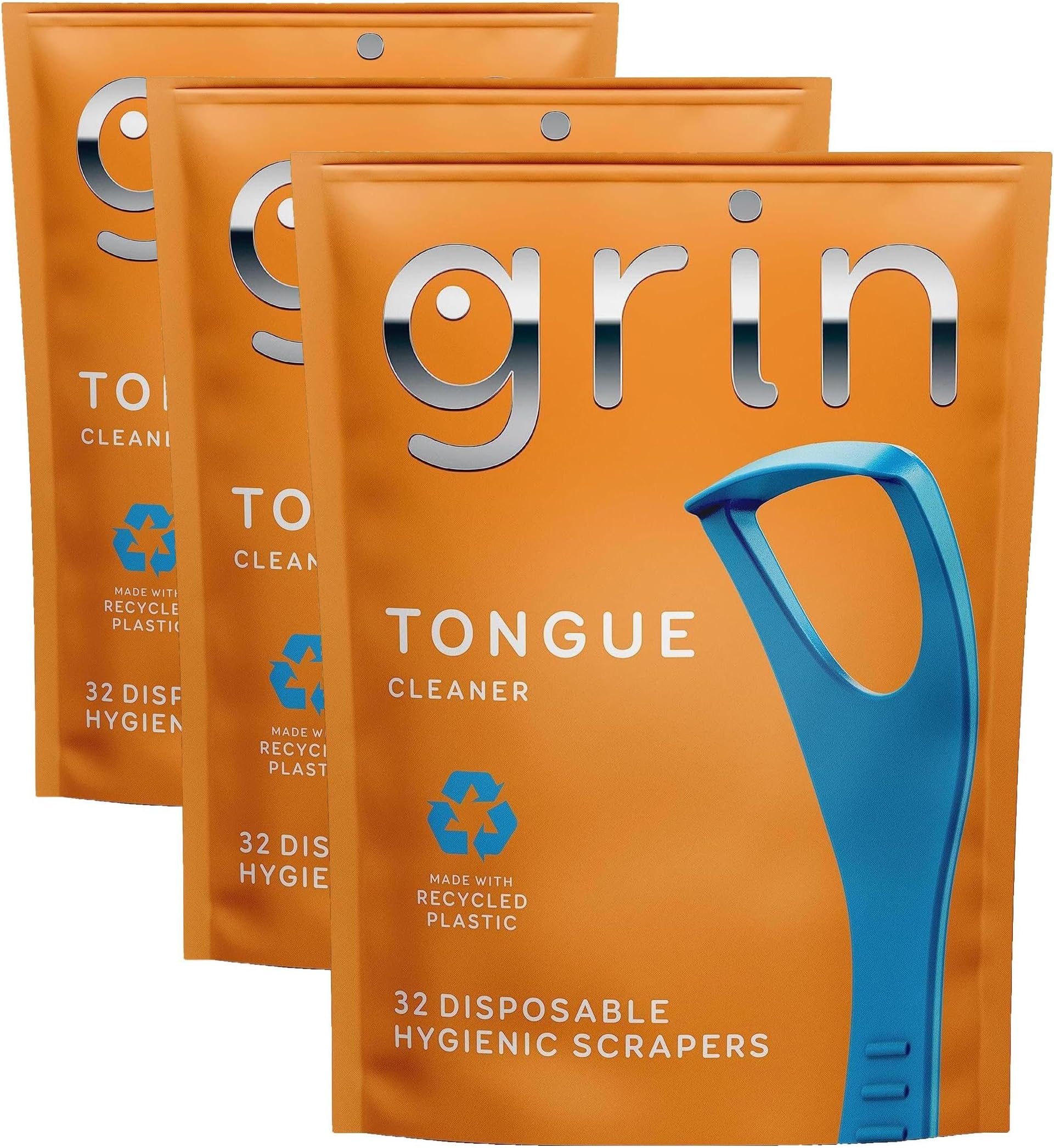 GRIN Tongue Cleaner, Disposable Tongue-Cleaner, Hygienic Scraper, Recycled Plastic, Clean Tongue, Promote Fresh Breath, Includes Safe Fold- Back Tooth Pick 32 Count (Pack of 3)