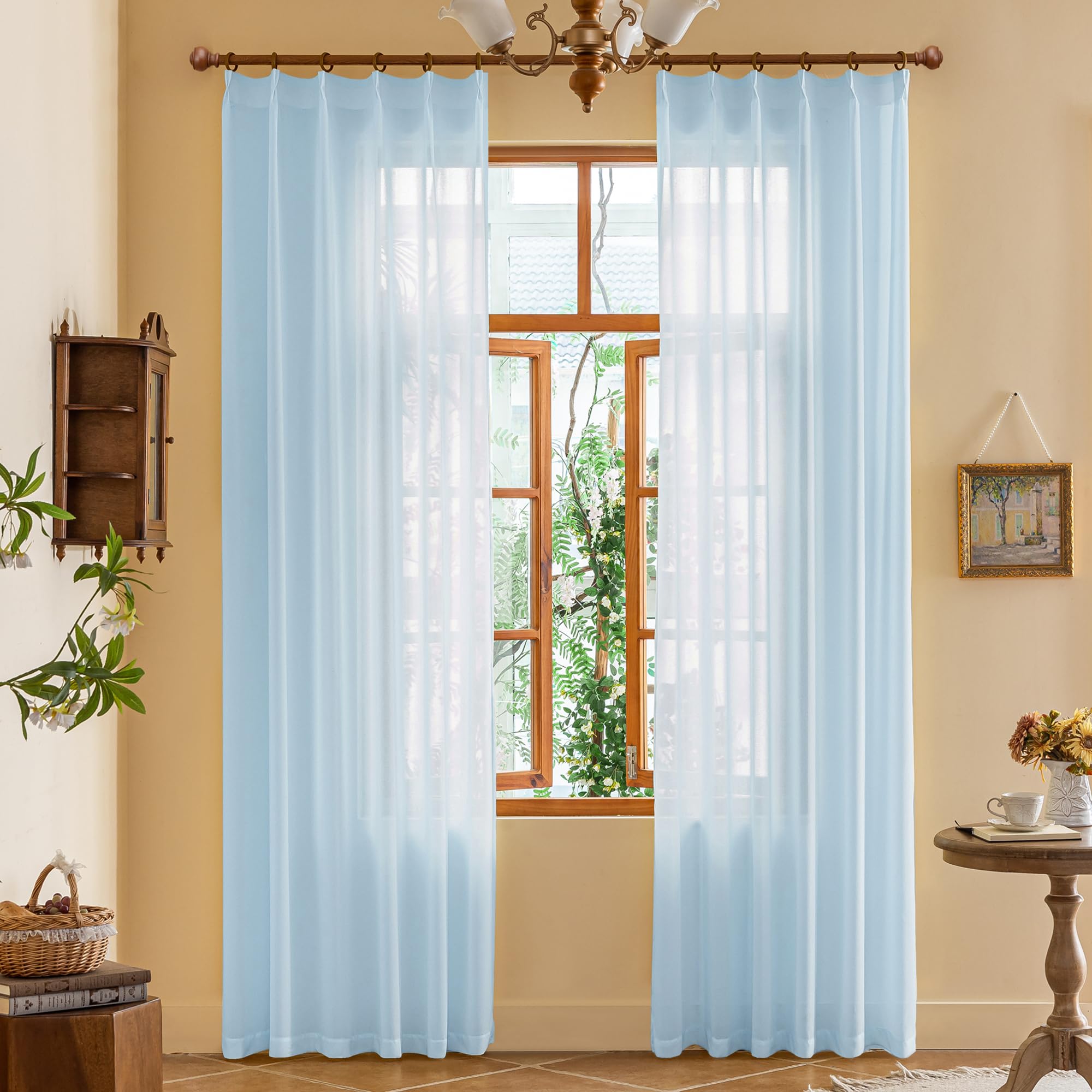 Photo 1 of Light Blue Sheer Pleated Curtains 84 Inch Length for Kids Room Soft Touch Airy Breathable Tree Branch Textured Light Filter Pinch Pleat Drapes with Ajustable Hooks, Sky Blue, 42"W x 84"L, 2 Panels