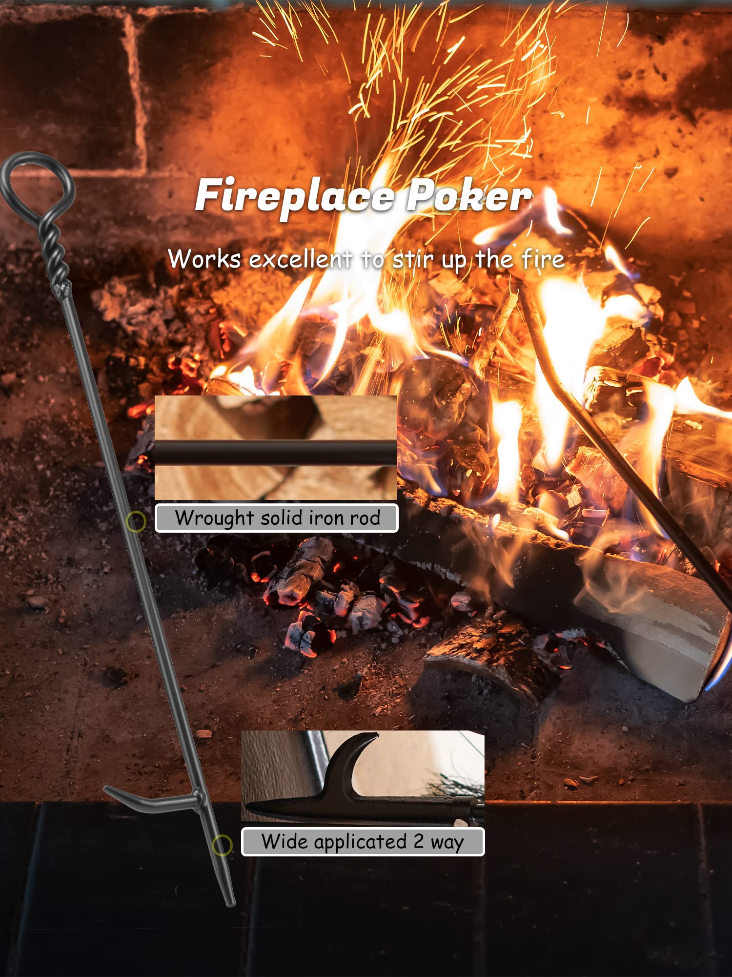 FTS55BK - Juego de herramientas para chimenea, 5 piezas para interiores y exteriores, juego de póquer resistente con mango retro y guantes de cuero resistentes al calor, FTS55BK 4