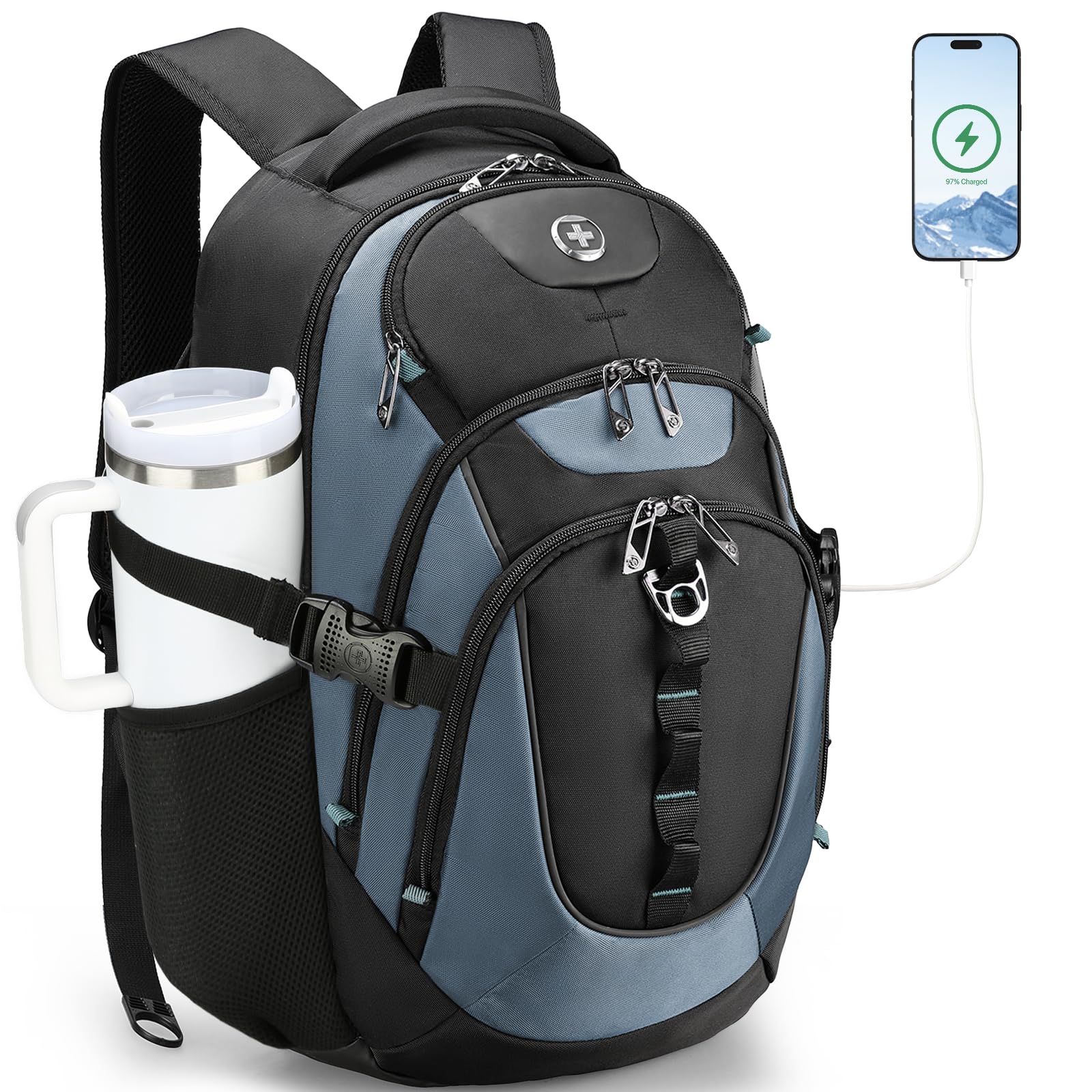 Swissdigital Design Travel Backpack for Men with USB Charging Port SD803-16 | Men‘s Backpack,31L College School Bag with RFID Protection Pocket Fits 15.6-Inch Computer, Haze Blue/Black