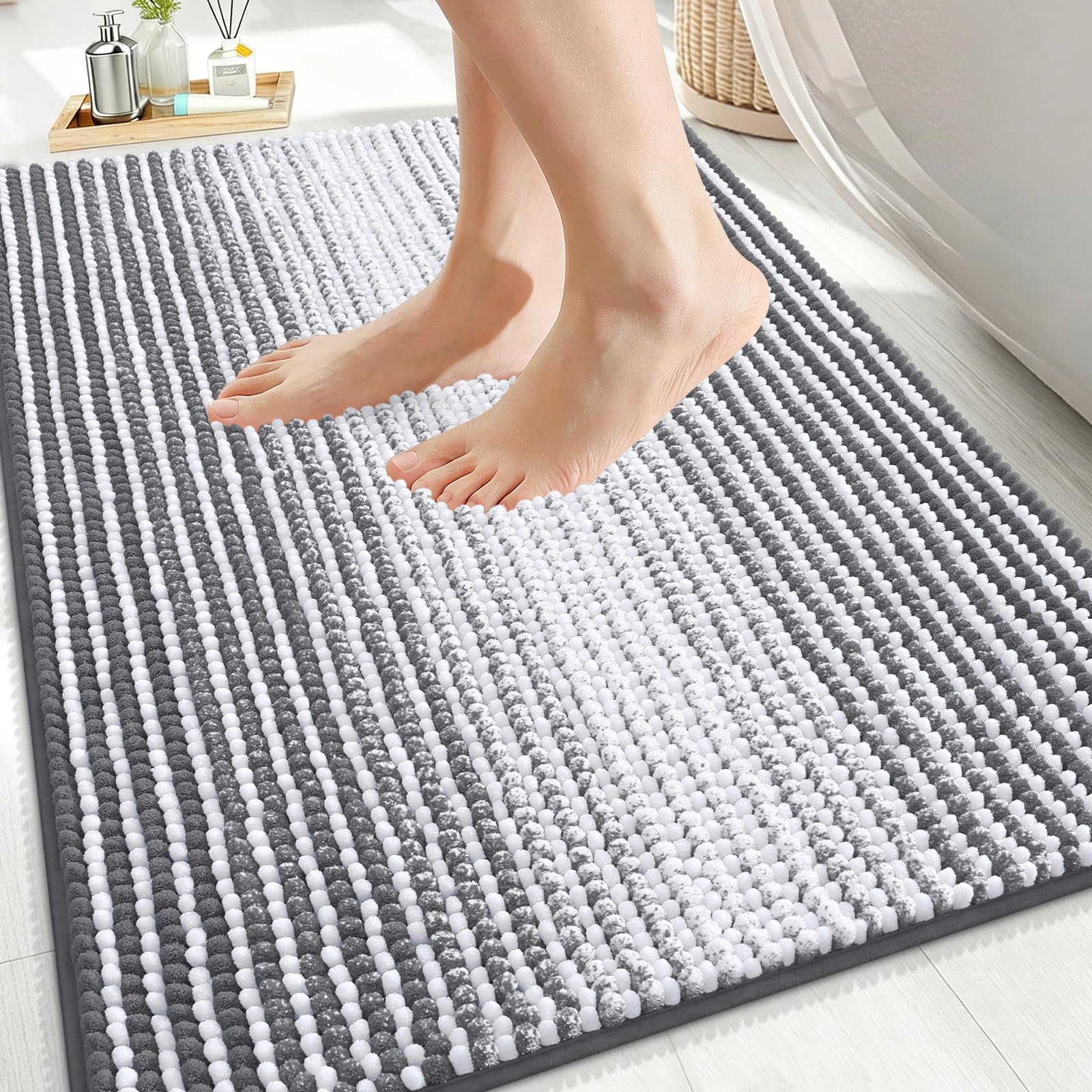 OLANLY Bathroom Rugs 36x24, Soft Chenille Striped Bath Rugs, Grey