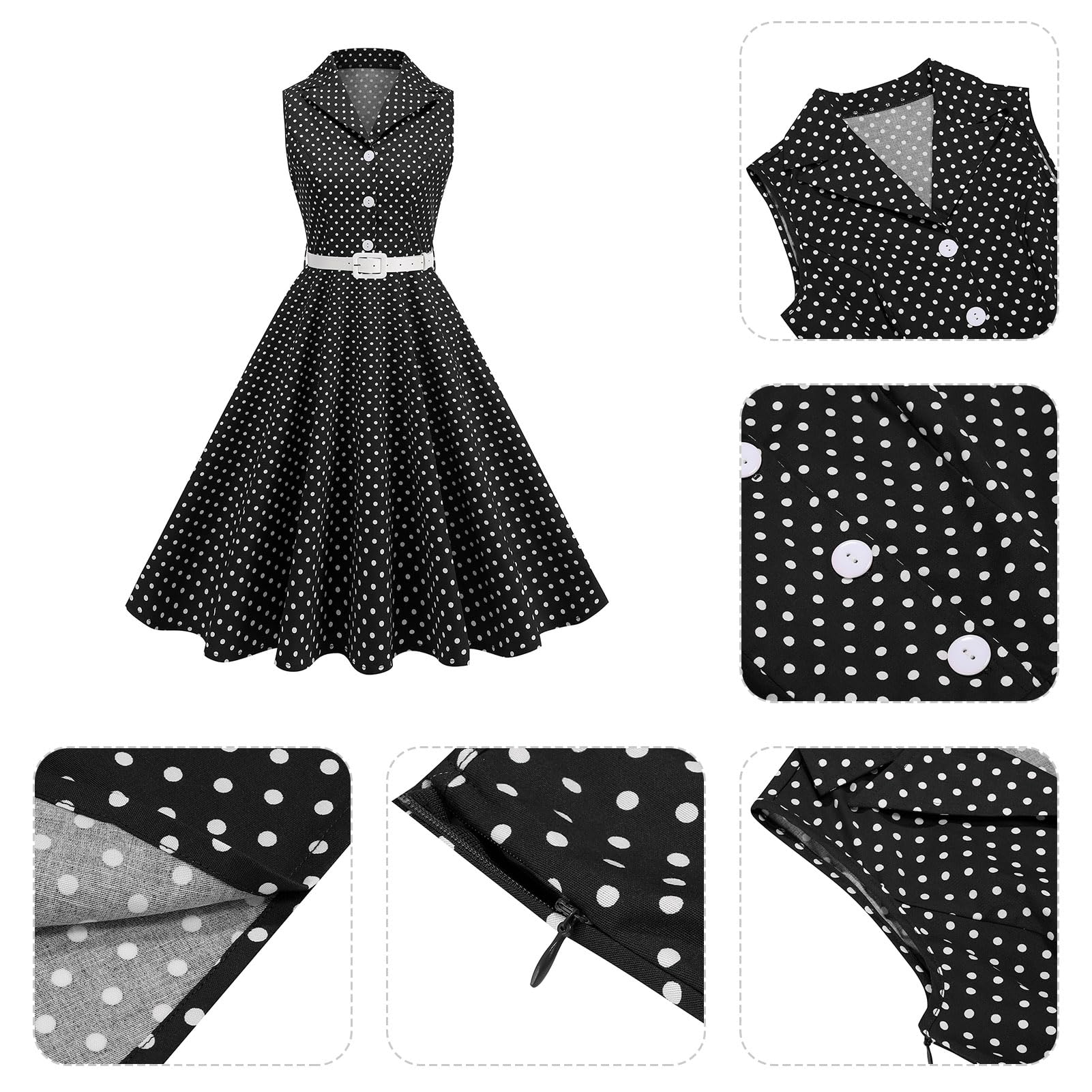 Abito da donna vintage anni '50s Rockabilly Swing Elegante Polka Dot Revers Cocktail Audrey Hepburn Style Formal Prom Tea Party Midi Abiti con cintura