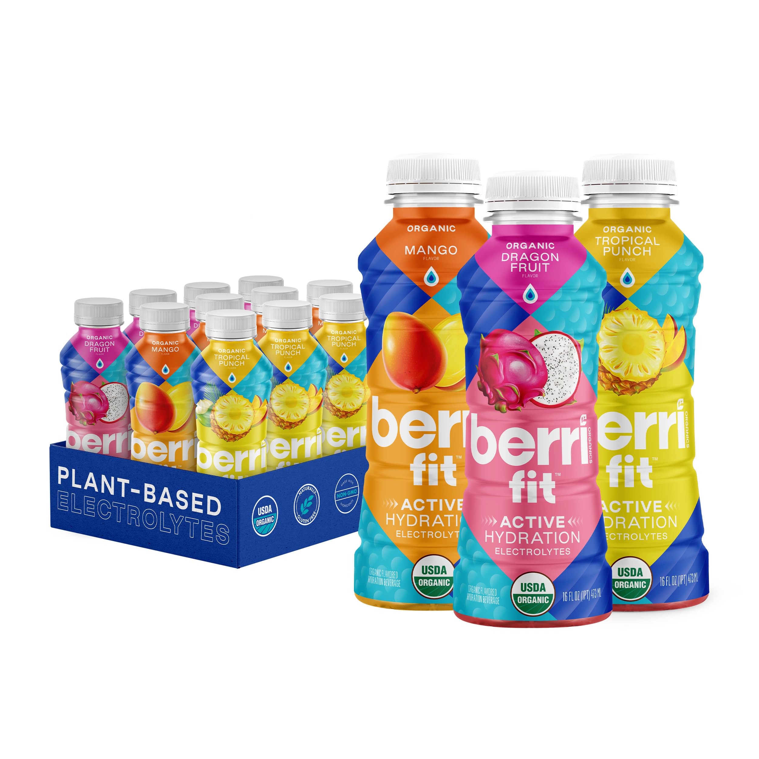 Berri Fit 3-Flavor Variety Pack | Organic Sports Drink Alternative | Natural Plant-Based Electrolytes - Certified Organic - Non-GMO - Low-Calorie