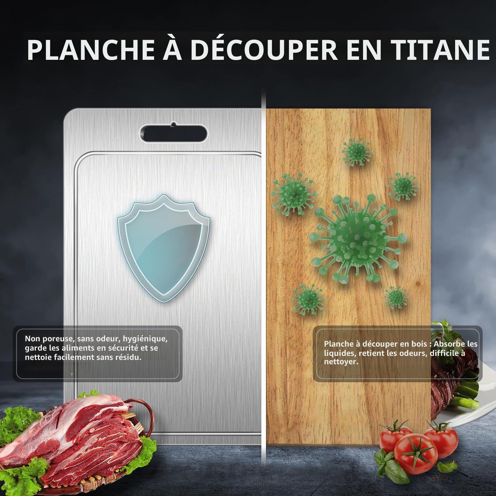 Planche à découper en titane 100 % pur titane avec rainure pour jus, planche à découper double face de qualité alimentaire pour couper la viande, les légumes, les fruits (titane-moyen)