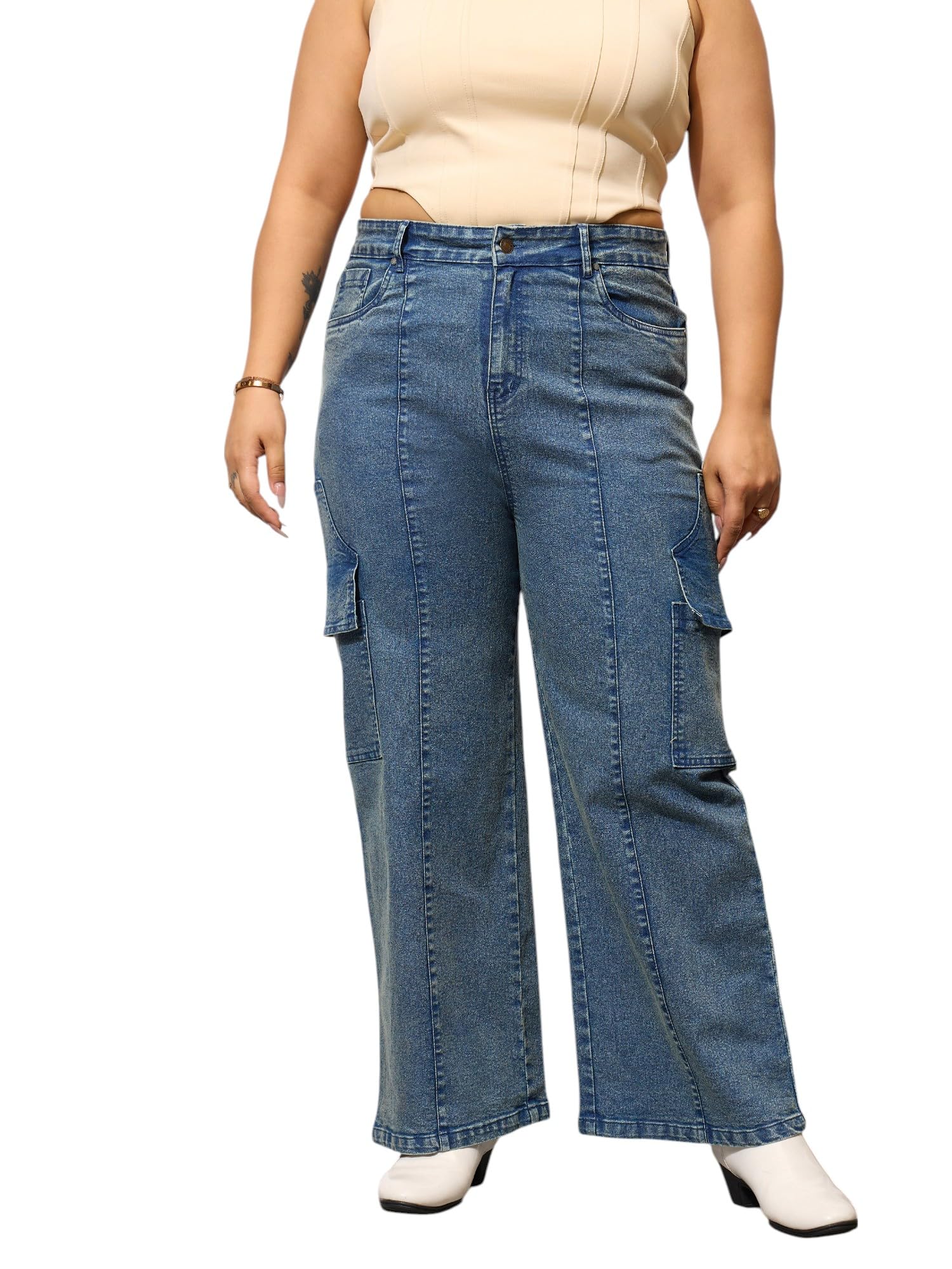 sassafras curve Blue Denim Acid Wash Flap Pocket Cargo Jeans-picture-50