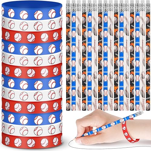 Miniatura 7 de Sabary Juego de 48 pulseras de silicona para lápices deportivos, juego de pulseras de goma de madera para estudiantes, escuela, aula, regalos de