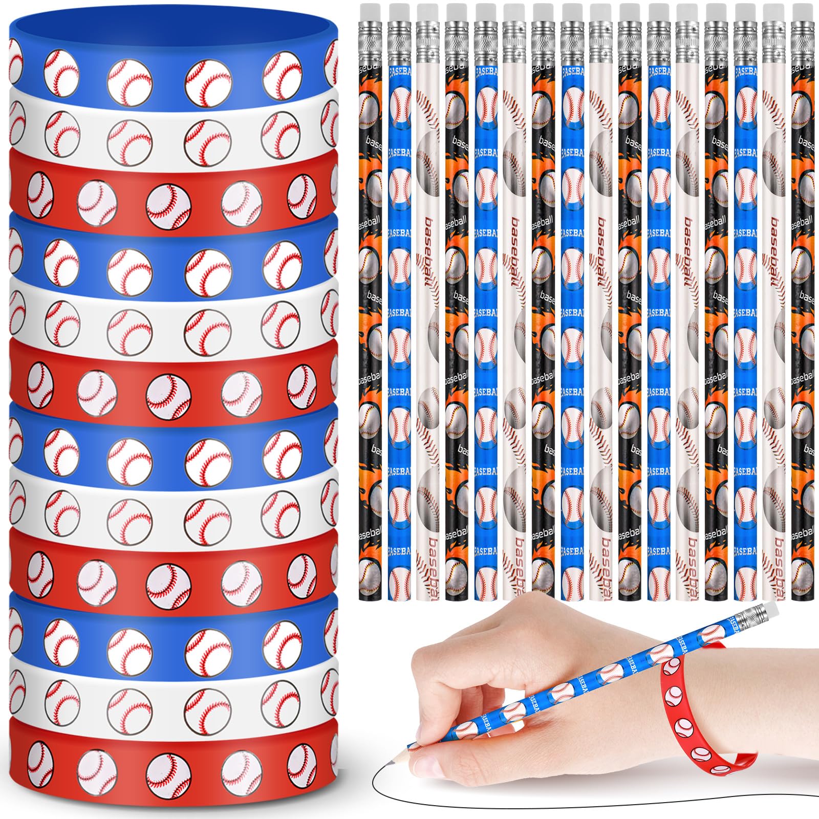 Sabary 48 Pcs Sports Pencils Silicone Bracelets Set Soccer Football Basketball Baseball Wooden Pencil Rubber Wristbands for Birthday Gifts Sports Party Favors (Baseball)