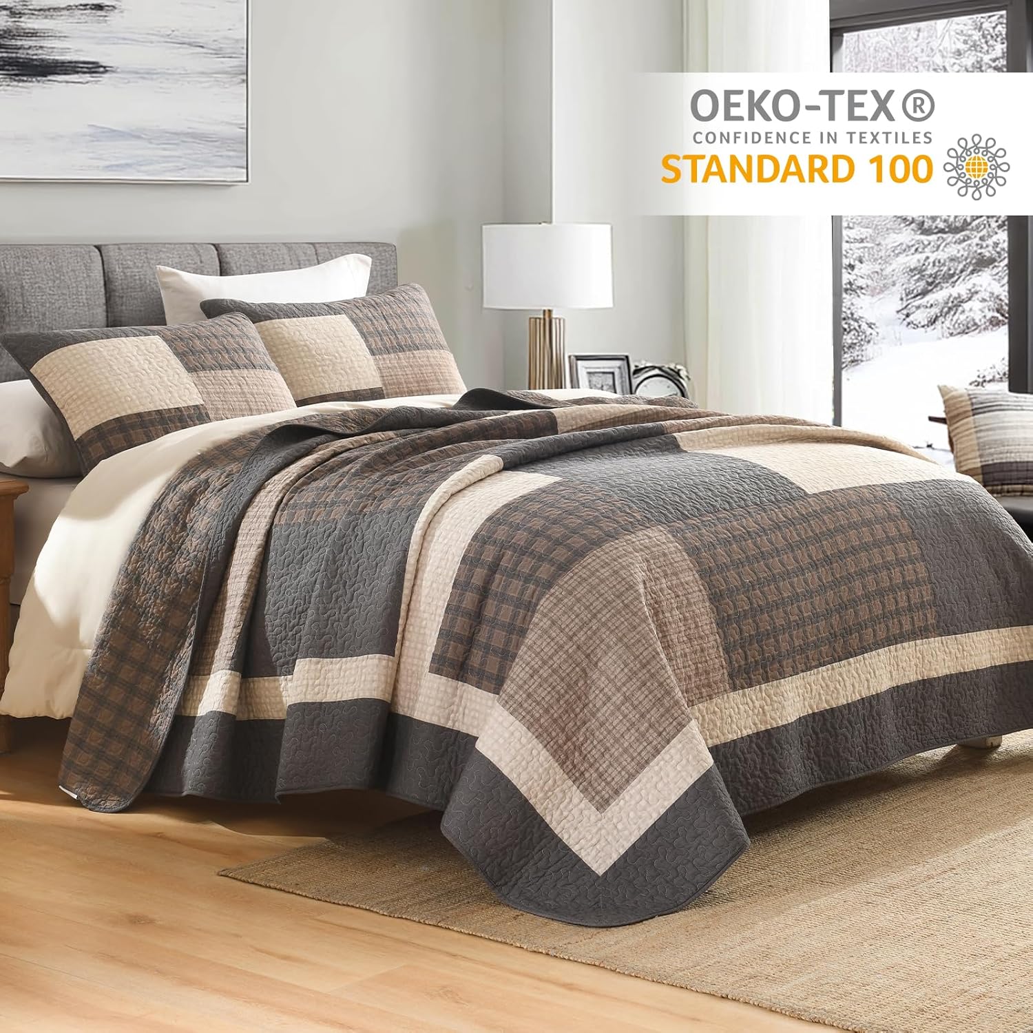 Finlonte 100% Cotton Queen Size Quilt, Queen Comforter with Pillow Shams, Farmhouse Plaid Quilted Bedspread, Lightweight Soft Quilt Bedding Set, Brown/Beige/Gray