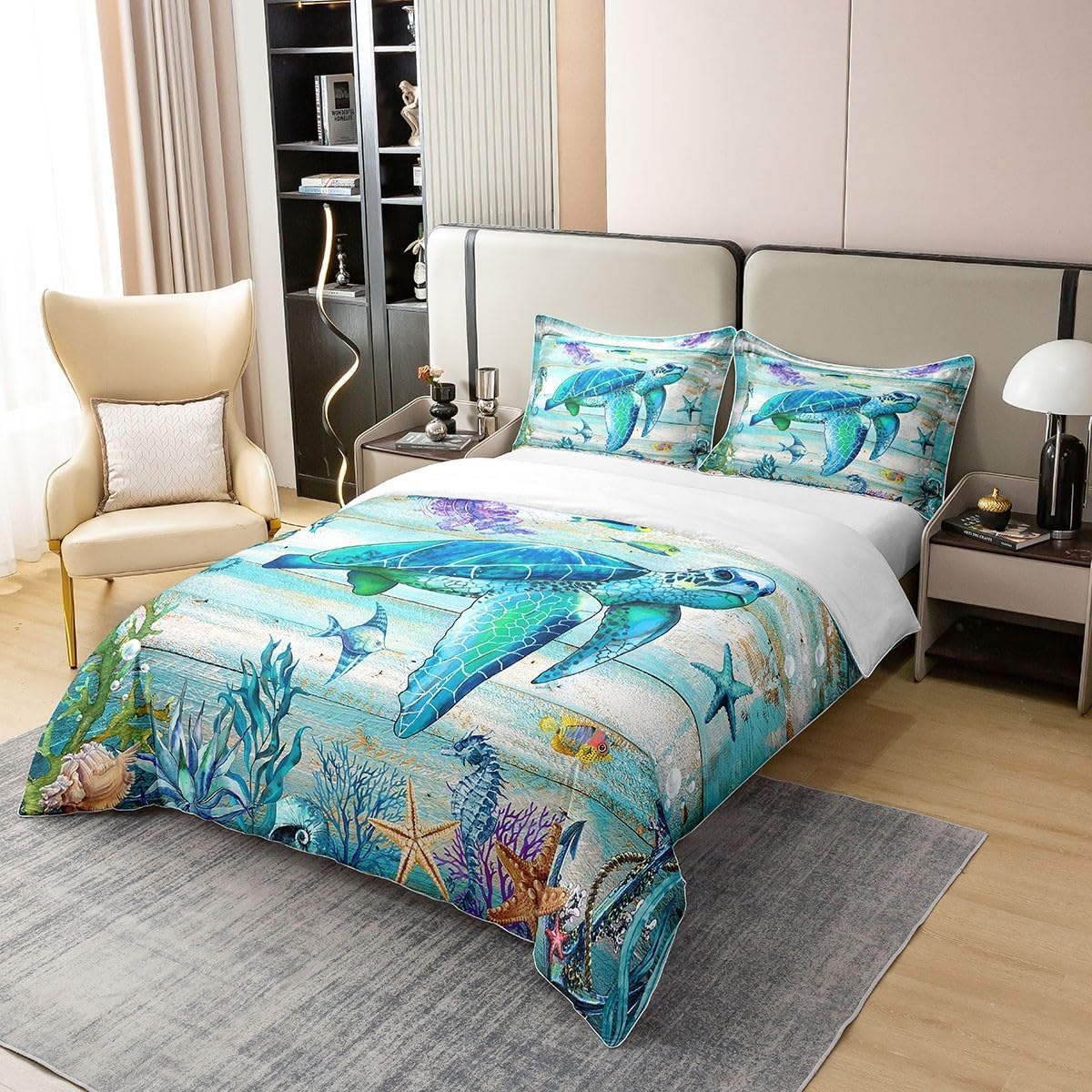 100% Organic Cotton Coastal Duvet Cover Double,Summer Sea Turtle Jellyfish Bedding Set for Boys Girls,Tropical Starfish Coral Comforter Cover,Farmhouse Wooden Barn Bed Sets with 2 Pillowcases - Image 3