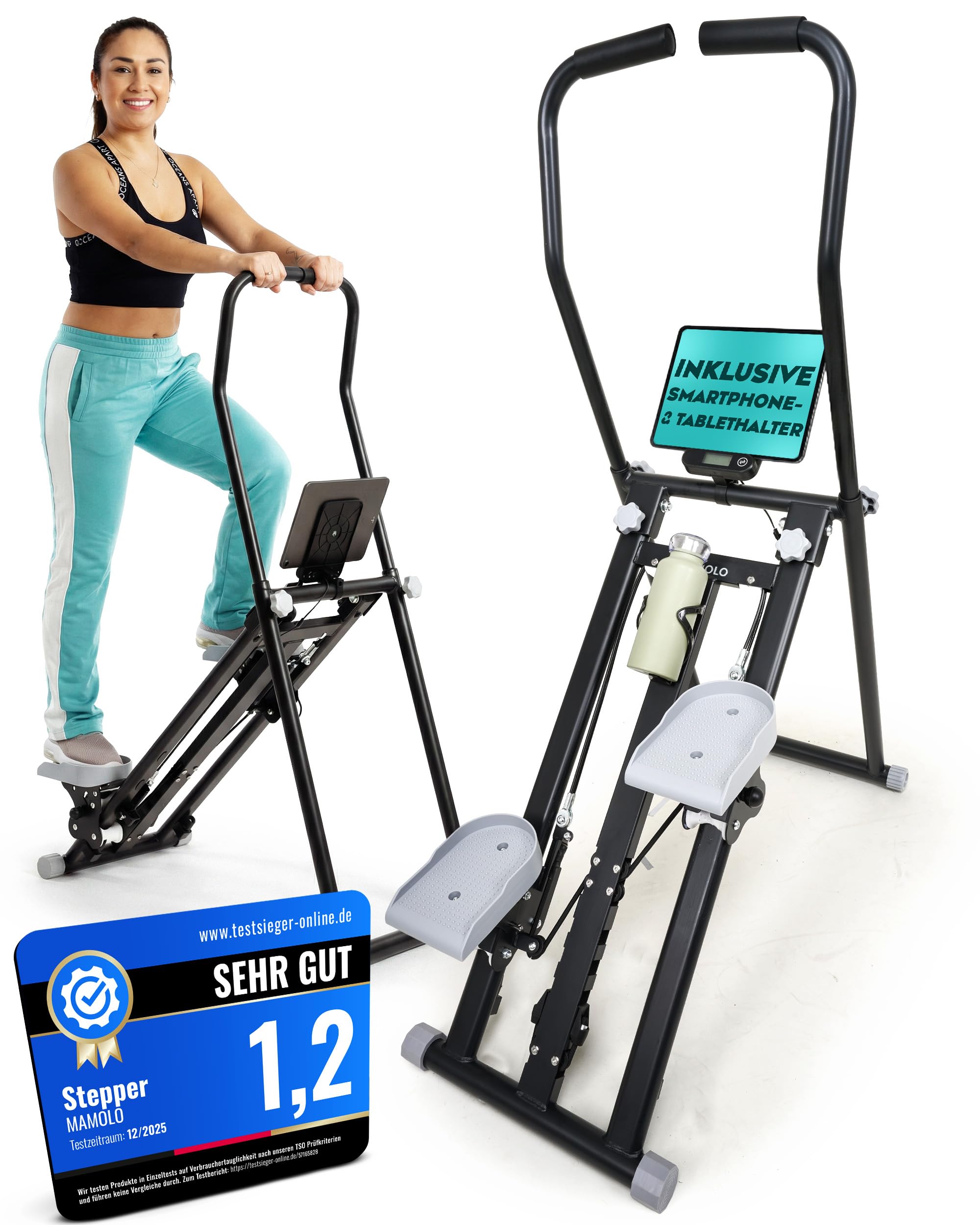 Stepper für Zuhause mit Haltegriff [Höhenverstellbar] 3 Fitness Widerstandsstufen Stairmaster mit Getränkehalter, Handyablage
