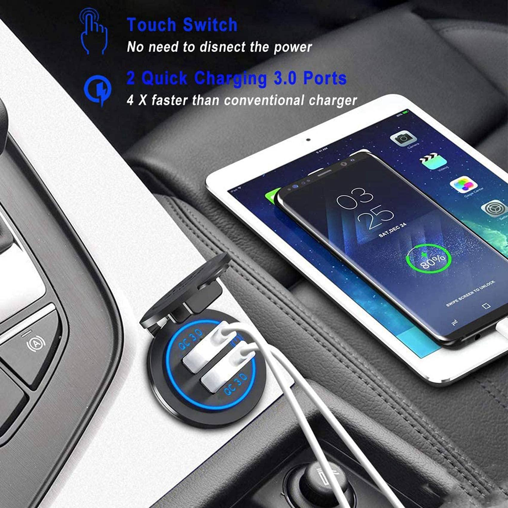 Pasotim 6X Quick Charge 3.0 USB Car Charger 12V 36W USB Fast Charger with Switch for Boat Motorcycle Golf Cart Blue