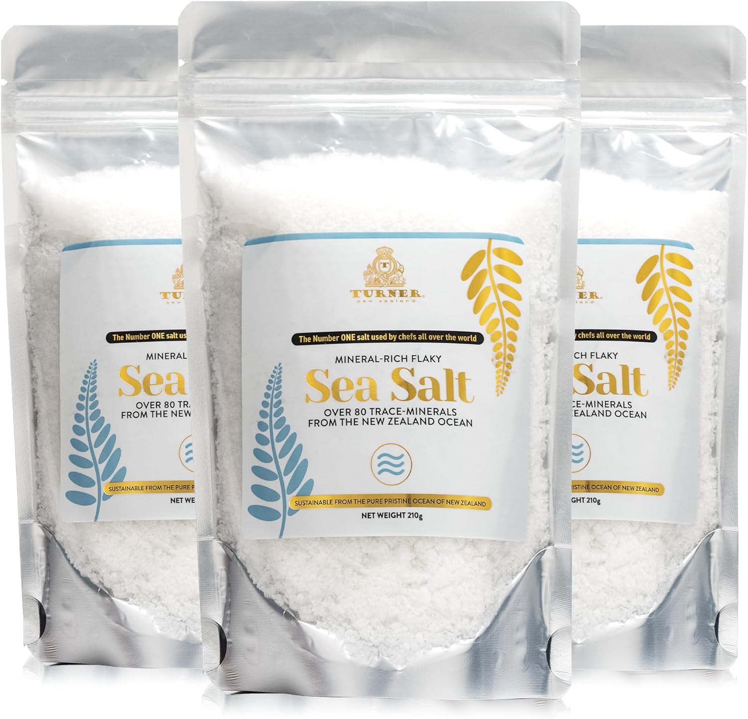 TURNER Mineral-Rich Flaky Sea Salt, Made in New Zealand, Kosher, 630 gram, Premium Gourmet, Unprocessed, 84 Minerals & Trace Elements, 100% All-Natural, Solar & Wind Harvested, Lab Certified (3-Pack)