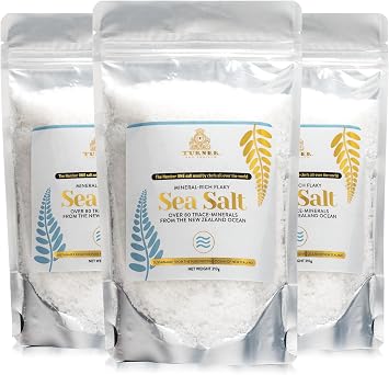 TURNER Mineral-Rich Flaky Sea Salt, Made in New Zealand, Kosher, 630 gram, Premium Gourmet, Unprocessed, 84 Minerals & Trace Elements, 100% All-Natural, Solar & Wind Harvested, Lab Certified 3-Pack