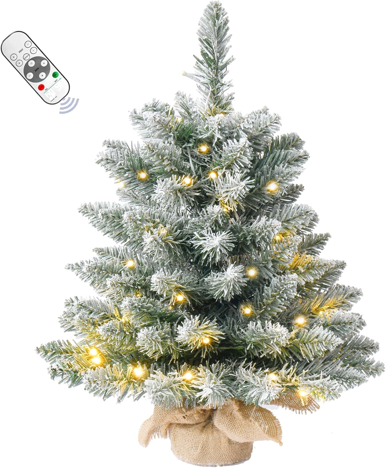 20Inch Pre-lit Artificial Small Mini Christmas Tree with Warm White Multi-Color LED Lights, Remote Control and Timer, Perfect for Xmas Tabletop Decorations, Home, Kitchen, Dining Table top Snow PVC Battery Operated Lights 1ft 8in