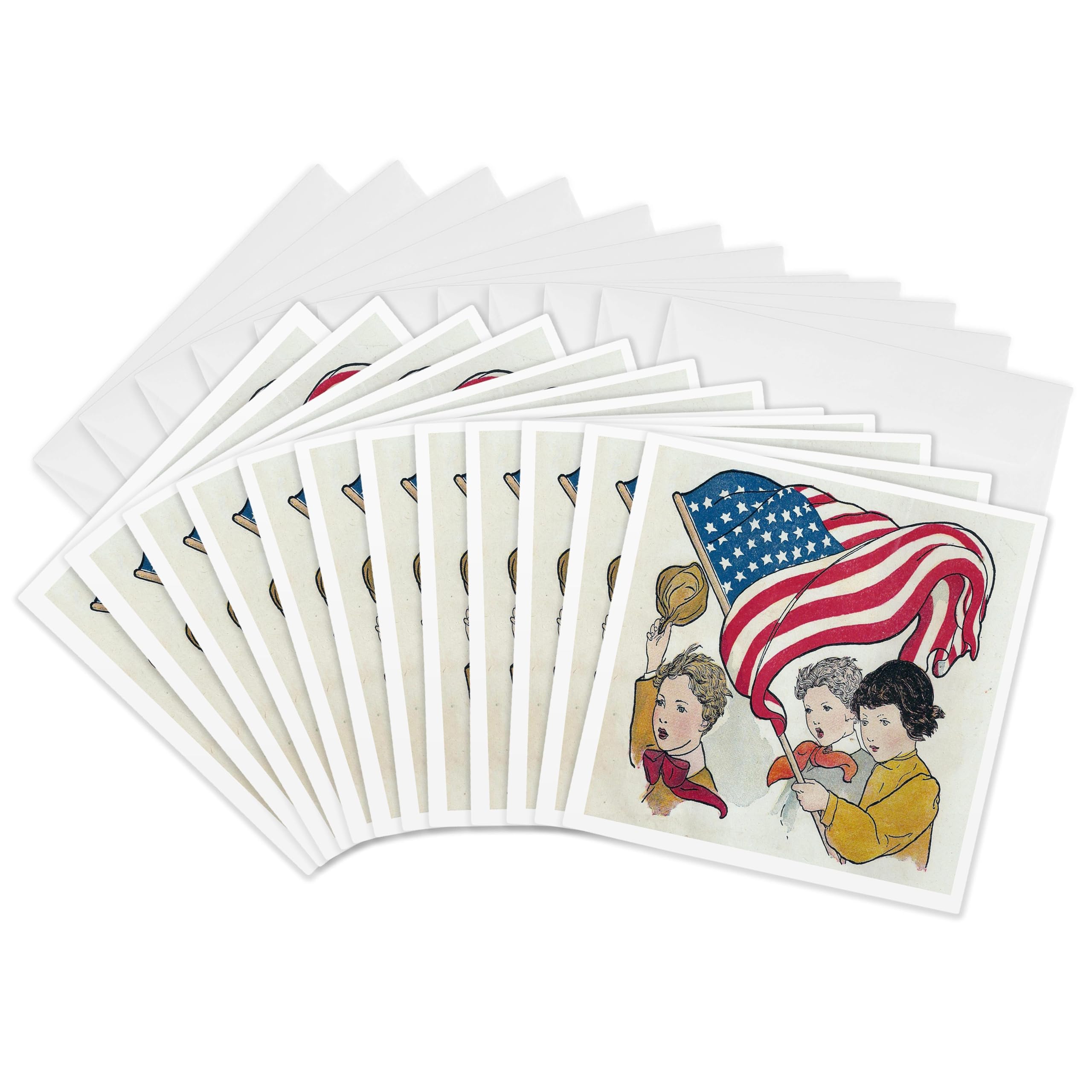 3dRose gc_6398_2 6 x 6-Inch "Vintage Children with American Flag" Greeting Card (Pack of 12)