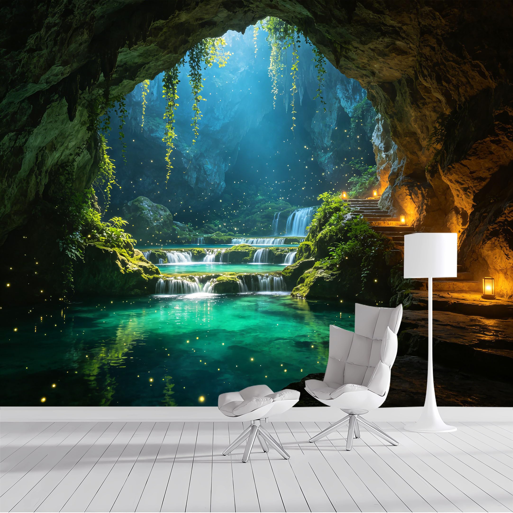 Yzpallescene Custom Size Wall Mural Enchanted Cave Waterfall Fantasy Landscape Glow Light Nature Scenery SelfAdhesive Wall Fabric Removable Peel and Stick Wallpaper for Living Room Bedroom Bathroom