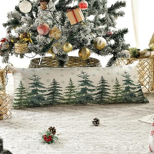 Miniatura 3 de AVOIN colorlife Funda de almohada lumbar extra larga con diseño de árboles de Navidad, copos de nieve, 14 x 36 pulgadas, funda de almohada de cuerpo
