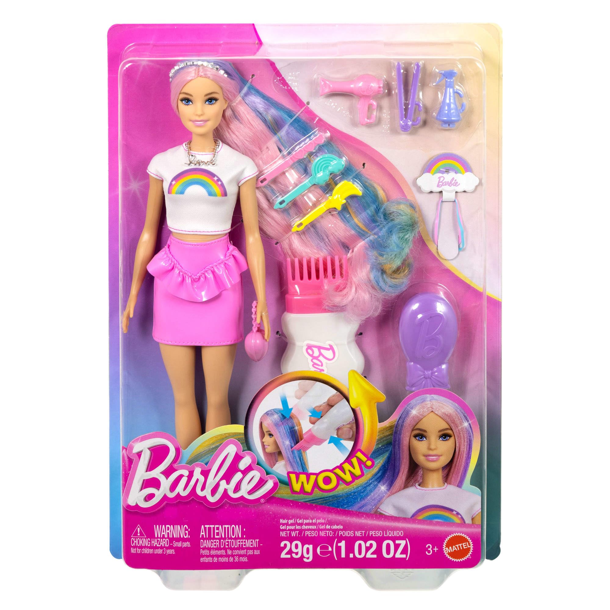 Barbie Regenbogen-Glitzerhaar Puppe, besonders Lange und Bunte Haare mit 12 Styling-Zubehörteilen wie Glitzergel-Tube, Haarbürste, Haarspangen, Föhn und mehr, JJP07