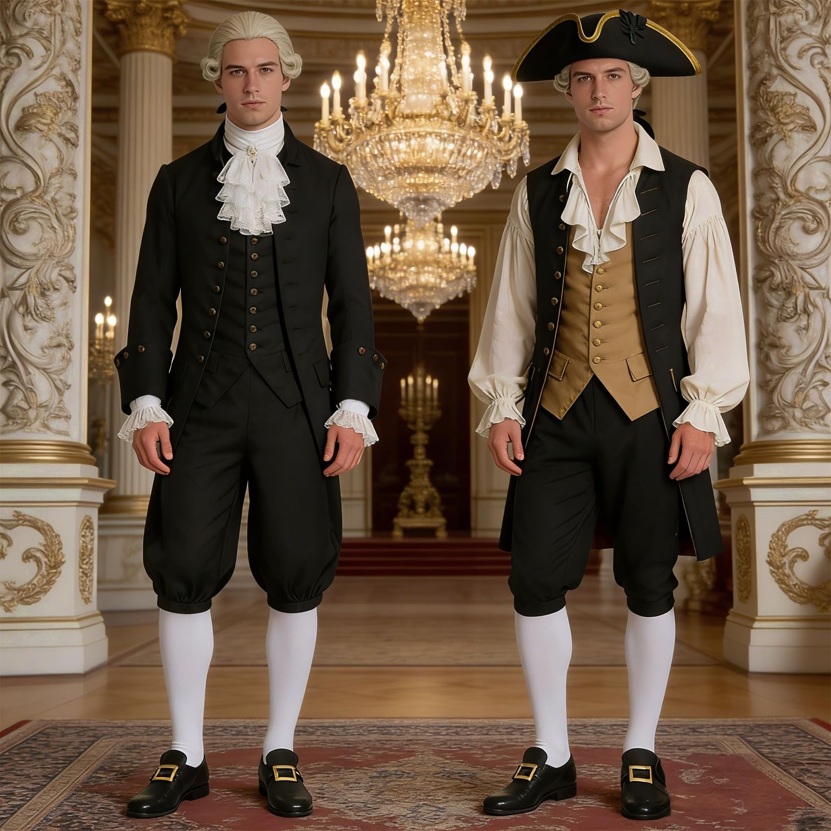 BPURB Pantaloni coloniali da uomo con calzini bianchi al ginocchio e fibbia per scarpe d'oro Costume medievale da pirata Cosplay Pantaloni rinascimentali