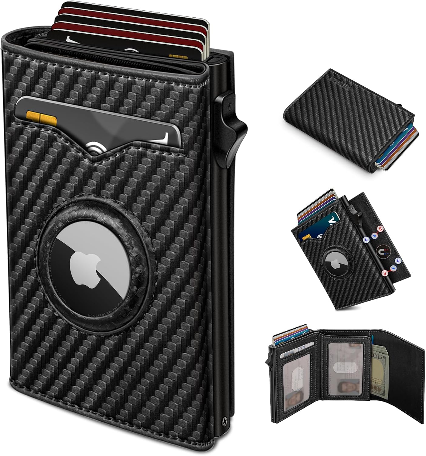 miyozi Airtag Wallet for Men,with Cash Pocket 2 ID Window 9-12 Cards,Metal Case Smart Slim Pop Up Credit Card Holder Flip with Magnetic Closure RFID Blocking Trifold wallet with Gift Box