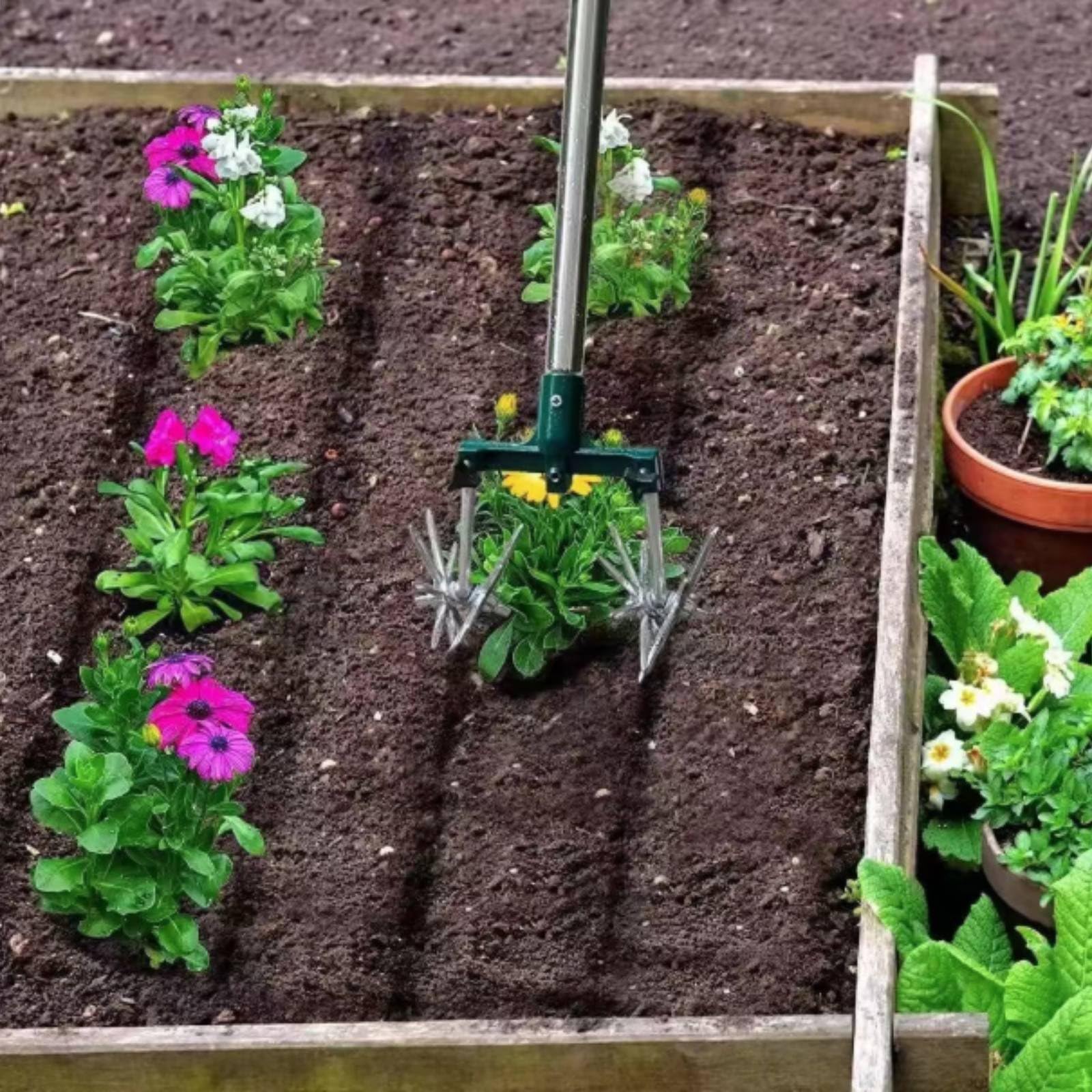 Rotofraise Manuelle en Acier avec Manche Long pour Labourer Les Parterres et Aérer Les Plantes dans Les Potagers et Les Pelouses