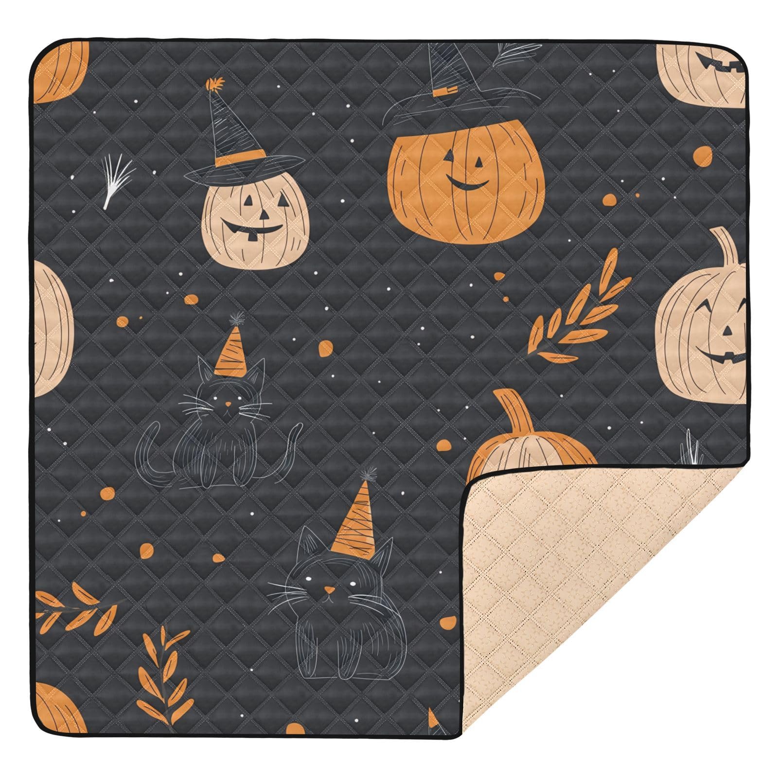 BOESI Doodle Halloween Pumpkin Baby Play Mat, 50“ X 50” Washable Folding Crawling Mat, Baby Floor Mat, Soft, Non-Slip