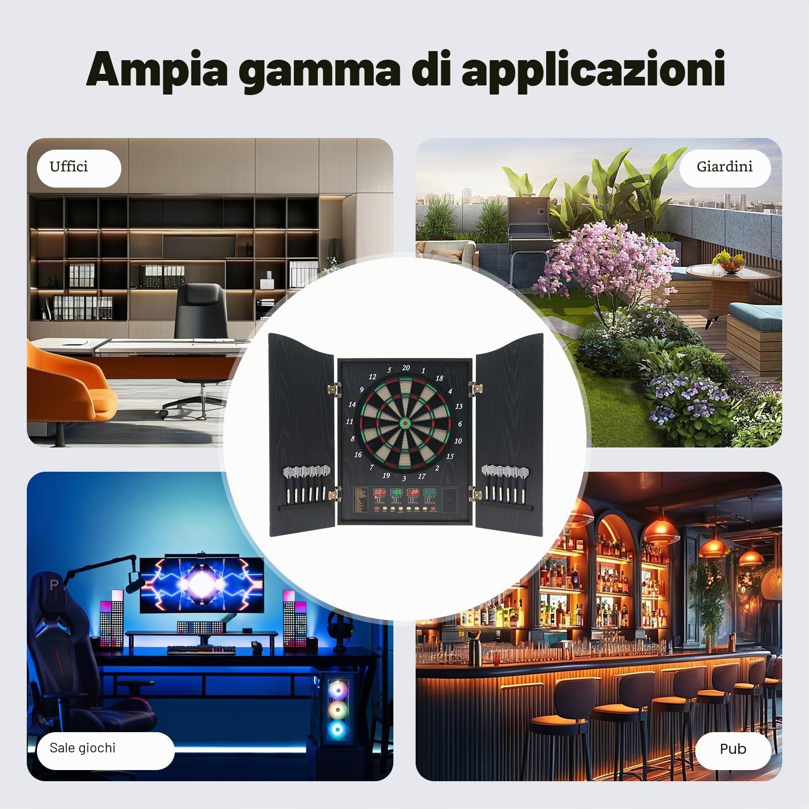 Set di 4 indicatori LED e 12 freccette con 88 freccette e 27 categorie e 243 sottocategorie, da 1 a 16 giocatori